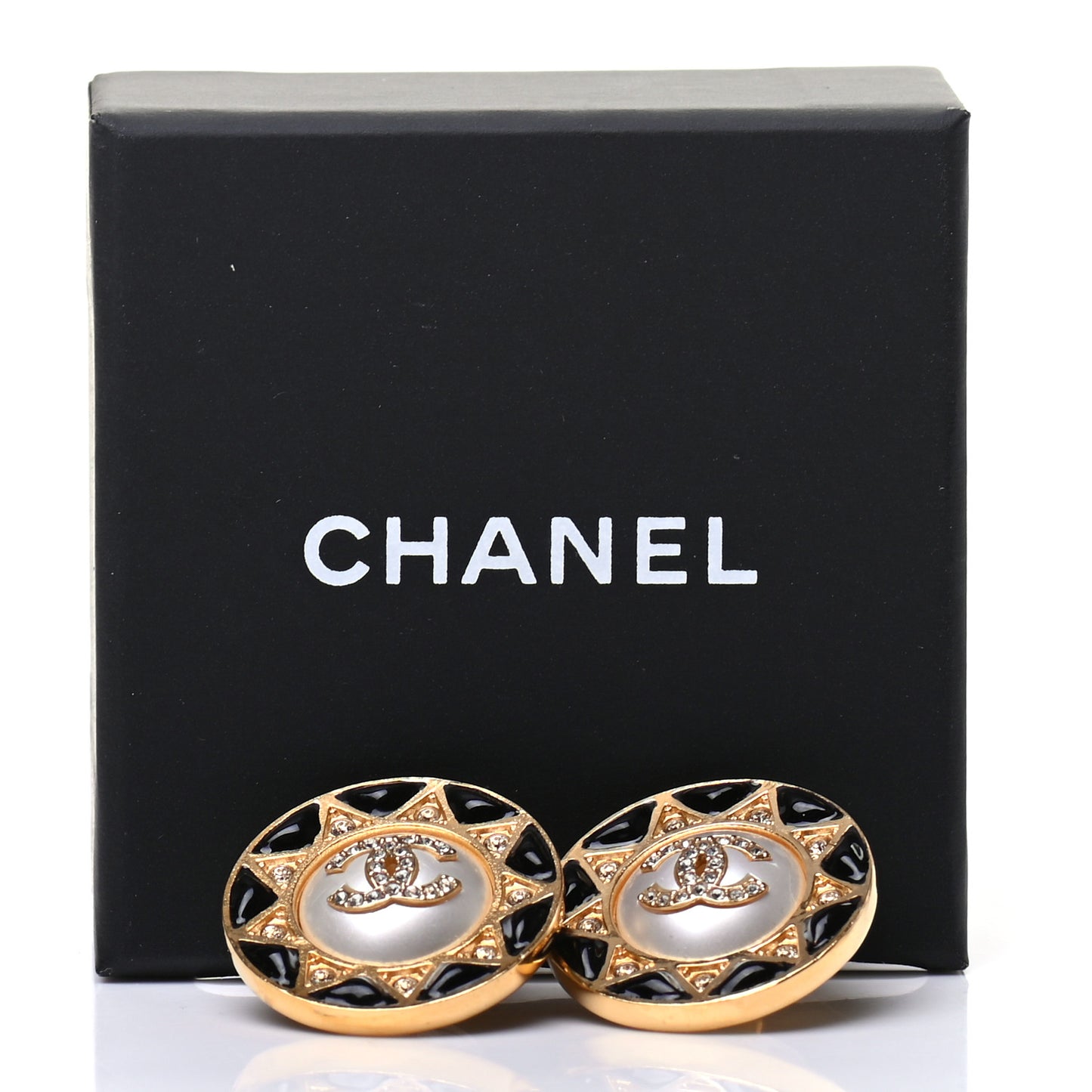 Pearl Crystal CC Round Earrings Gold Black