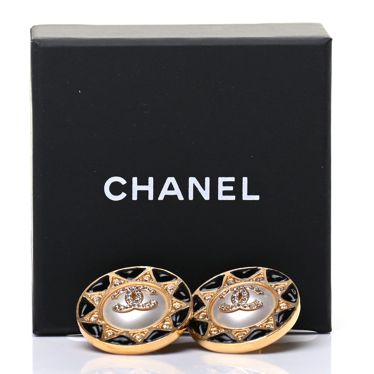 Chanel Pearl Crystal CC Round Earrings Gold Black 5 of 5