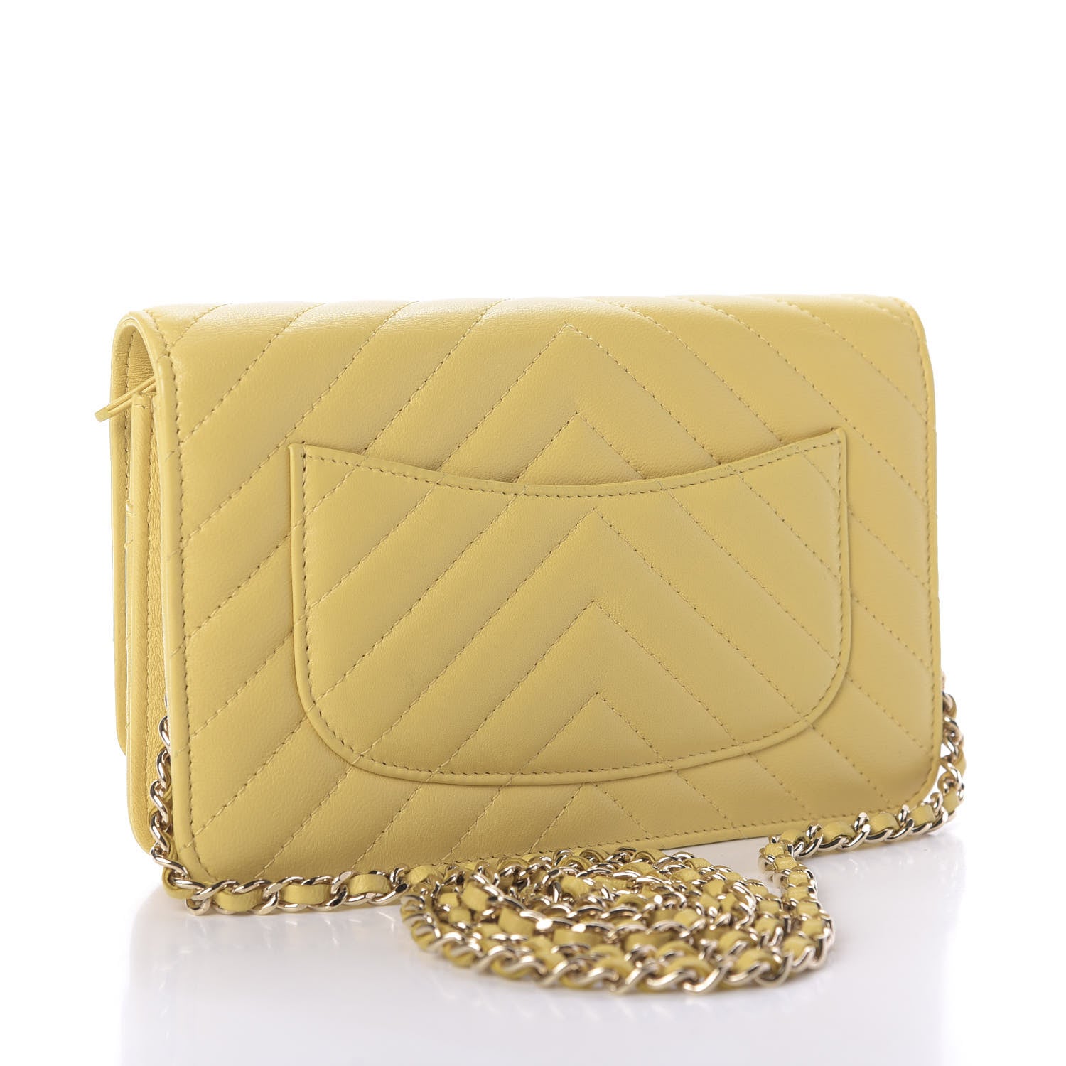Chanel Lambskin Chevron Quilted Wallet On Chain WOC Yellow 3 of 10