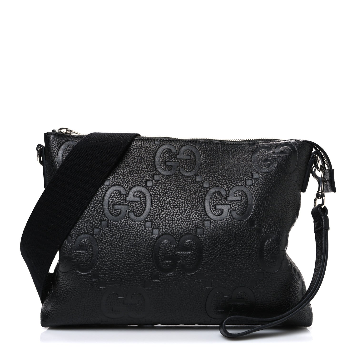 Gucci Piuma Calfskin Jumbo GG Embossed Medium Wristlet Messenger Bag Black 1 of 10