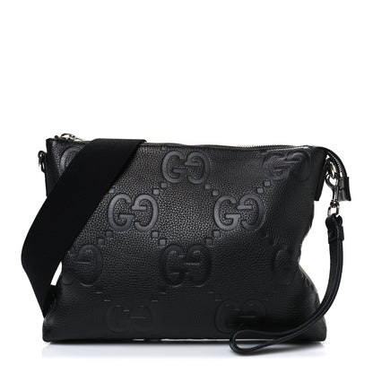 Gucci Piuma Calfskin Jumbo GG Embossed Medium Wristlet Messenger Bag Black 1 of 10