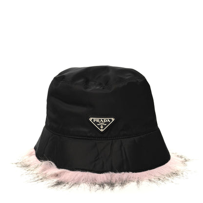 Prada Re-Nylon Faux Fur Metal Triangle Logo Womens Bucket Hat M Black Alabastro 3 of 8