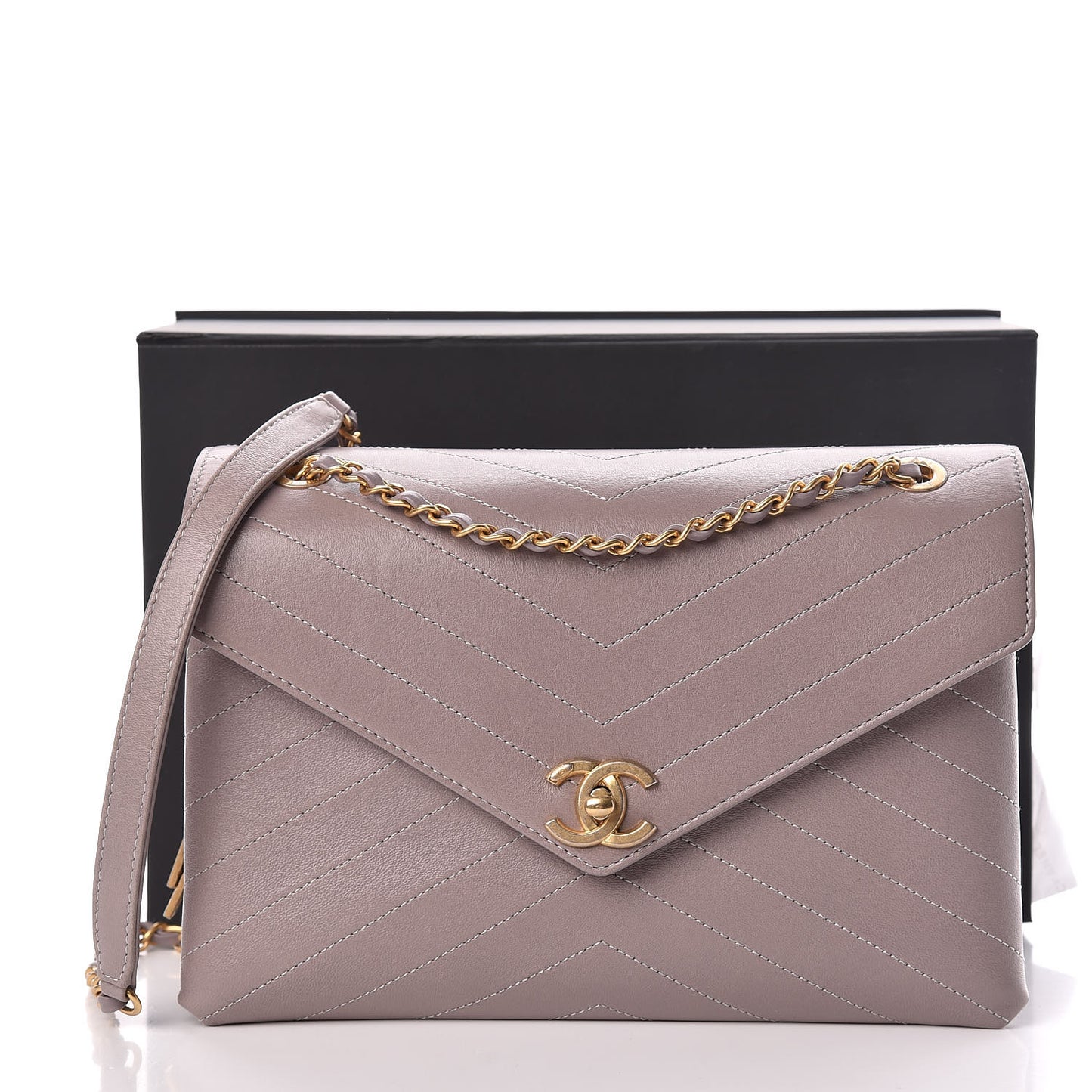 Lambskin Chevron Stitched Medium Envelope Flap Light Grey