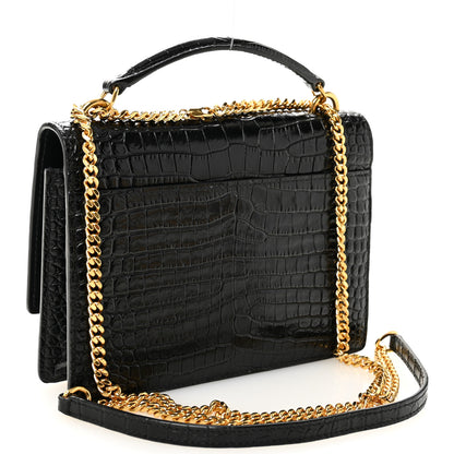 Saint Laurent Calfskin Crocodile Embossed Monogram Sunset Top Handle Chain Wallet Black 3 of 16