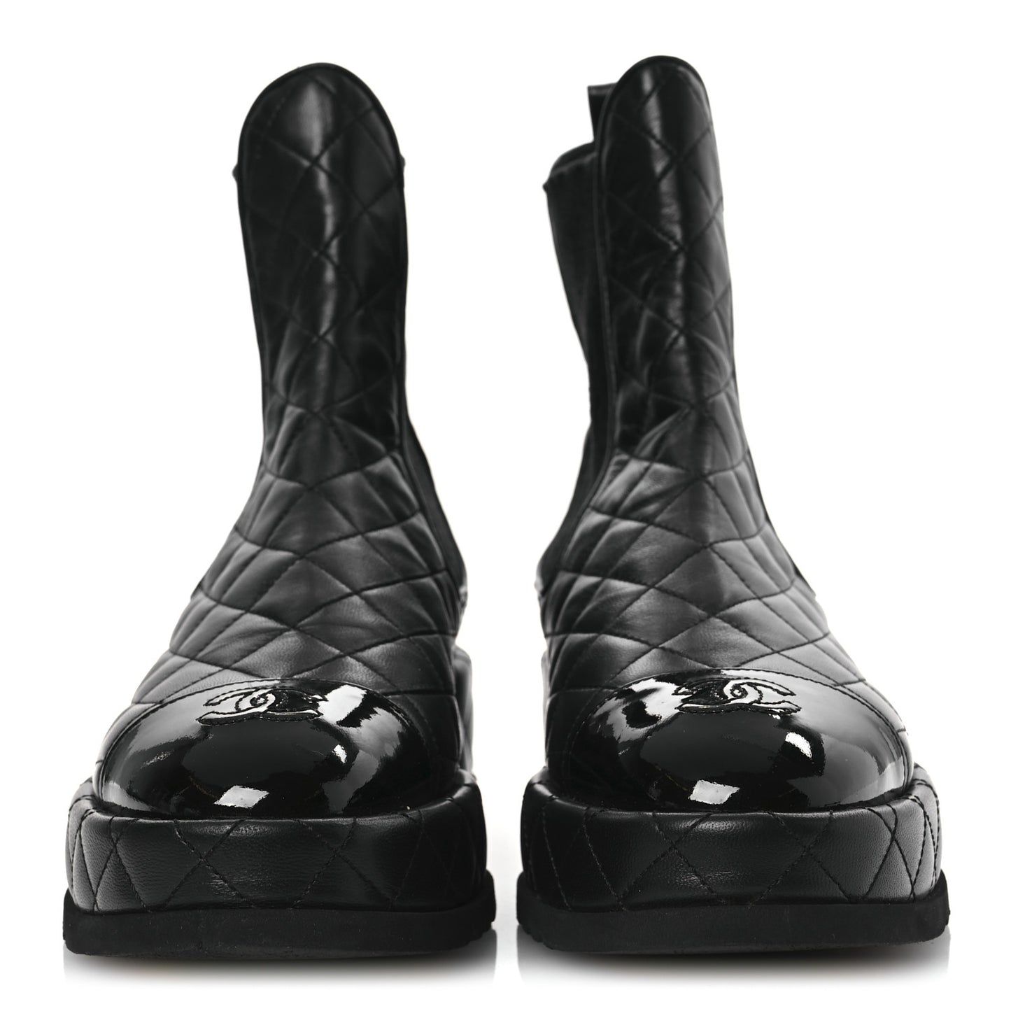 Lambskin Patent CC Cap Toe Quilted Short Platform Boots 39.5 Black
