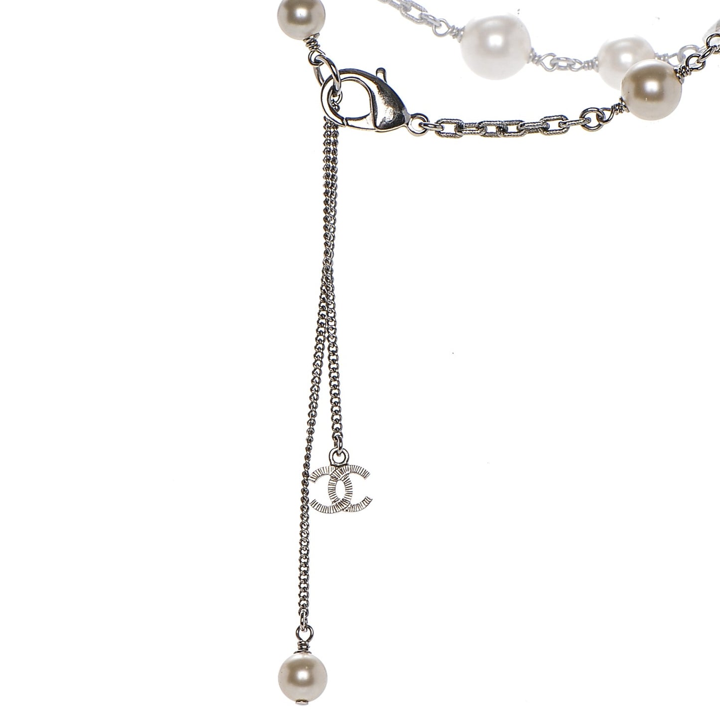 Pearl Crystal Baguette CC Short Necklace Silver