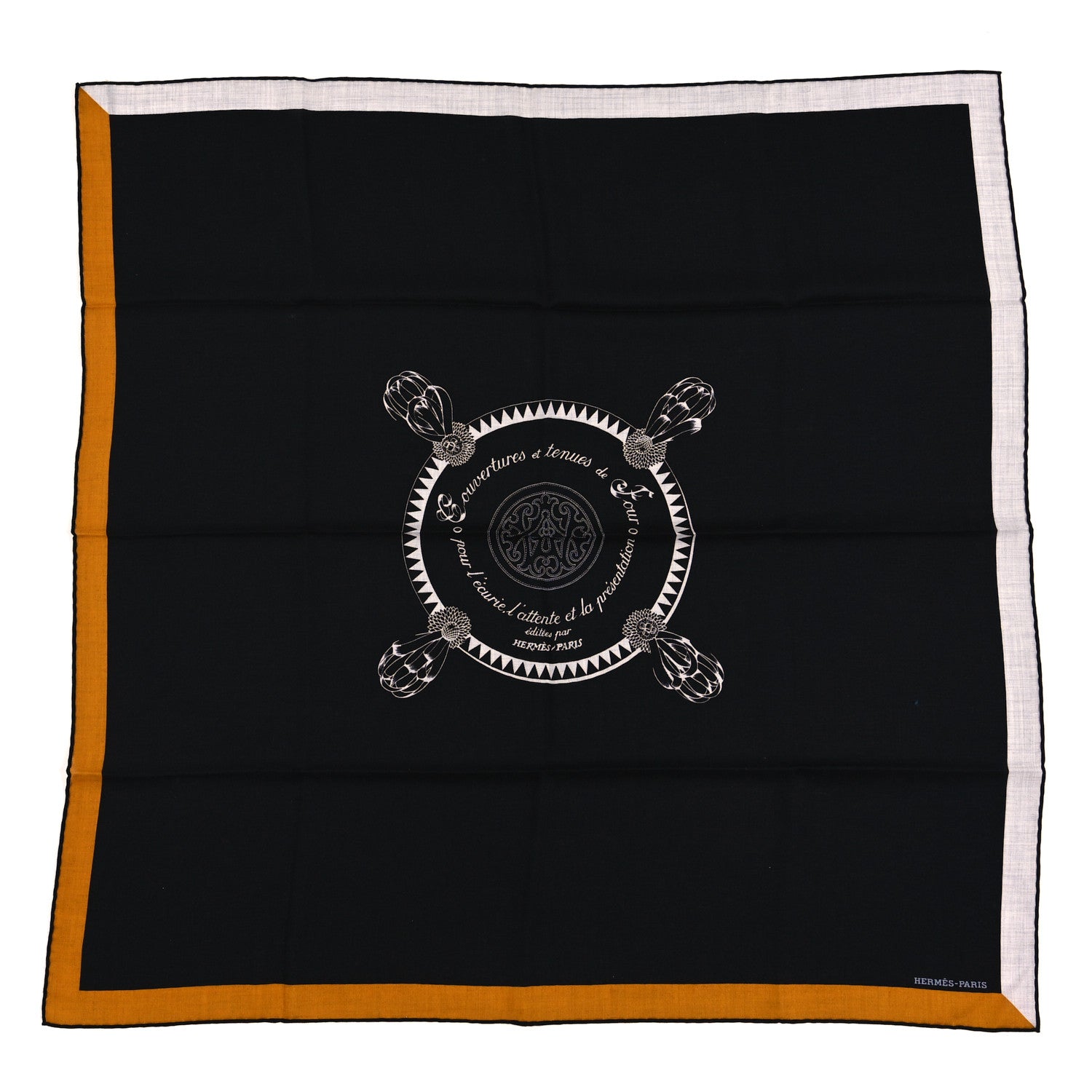 Hermes Cashmere Silk Encadre Blason Scarf 90 Black Gris Clair 1 of 3