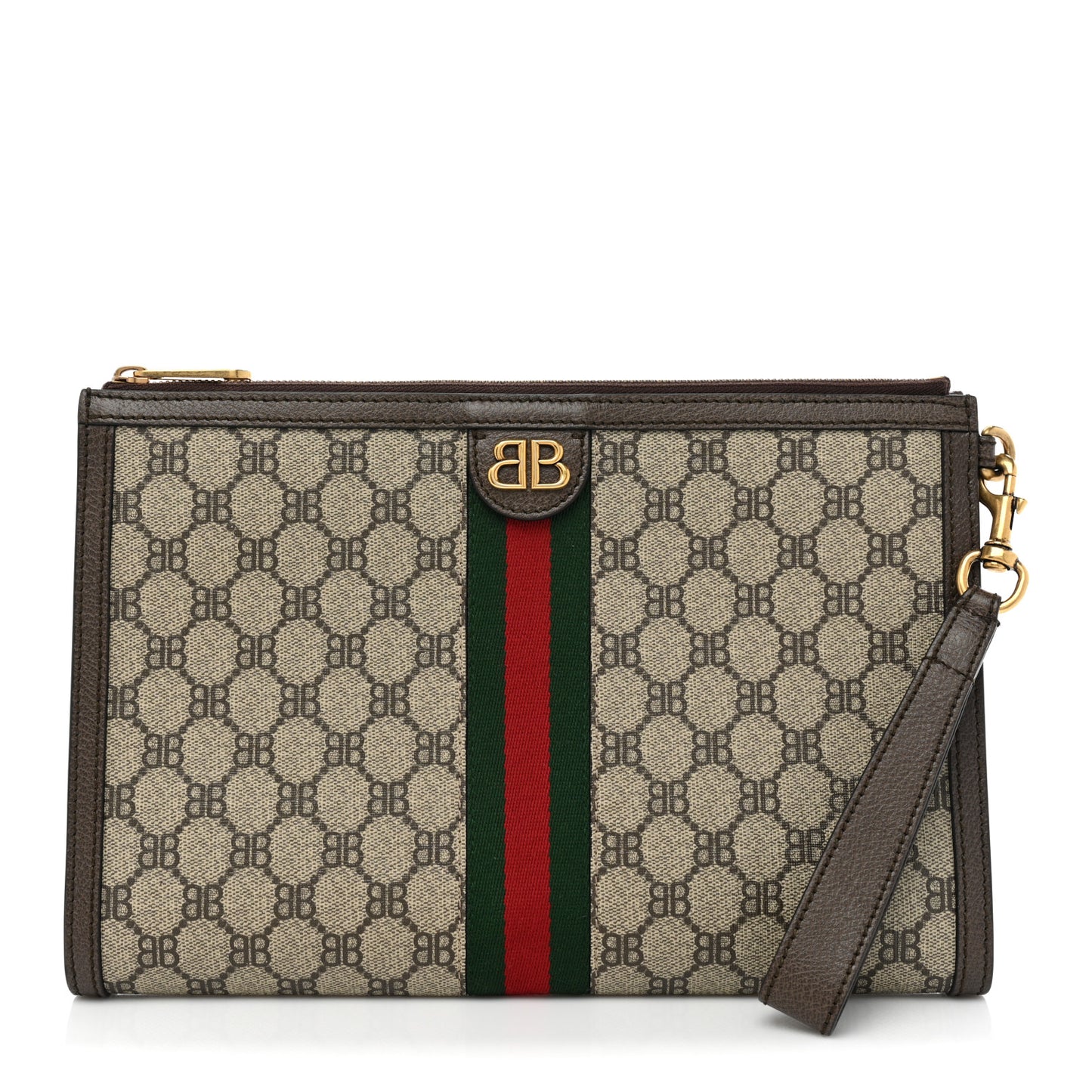 X BALENCIAGA BB Supreme Monogram Web Ophidia Wristlet Beige New Acero