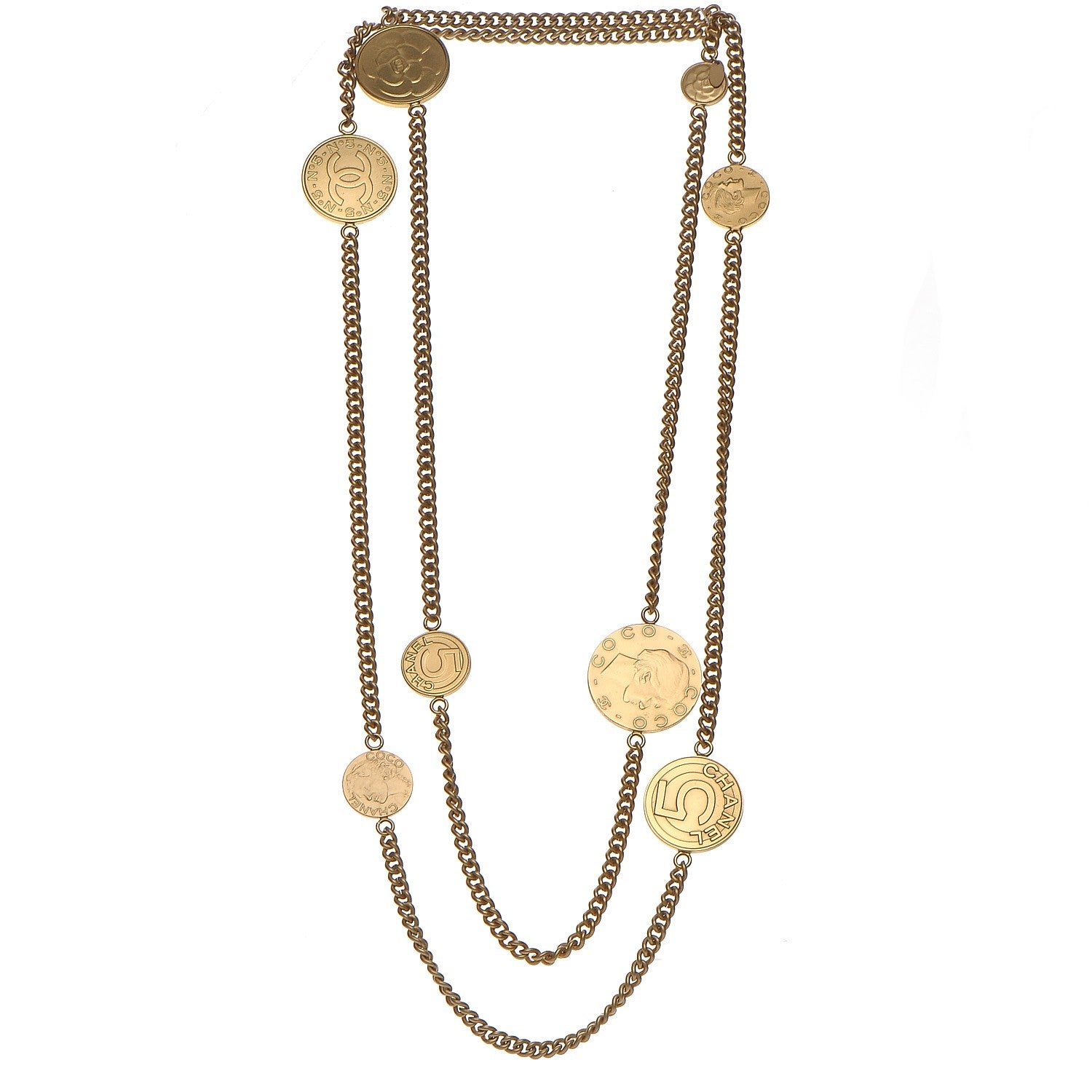Chanel CC Coco Camellia Coin Long Necklace Gold 5 of 11
