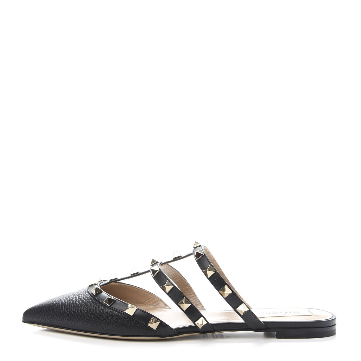 Valentino Garavani Pebbled Calfskin Rockstud Flat Cage Mules 37.5 Black 1 of 9