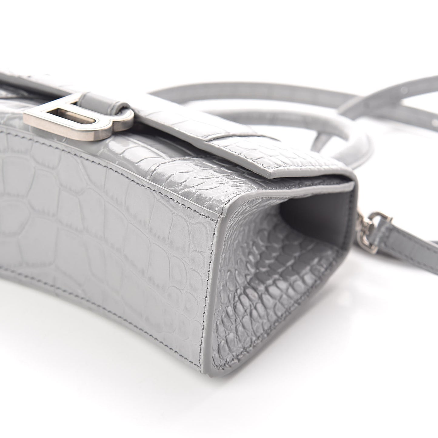 Shiny Calfskin Crocodile Embossed Hourglass Top Handle Bag XS Balenciaga Grey