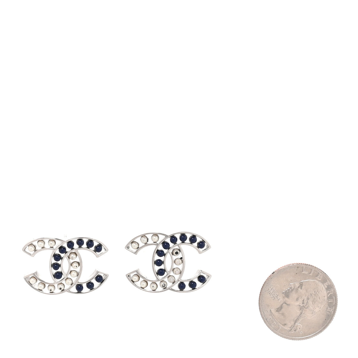 Chanel Pearl Beaded CC Earrings Silver White Blue 2 of 5
