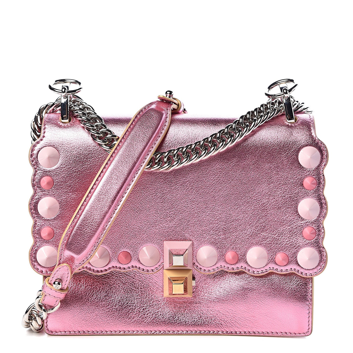 Vitello Catalan Mirror Scalloped Multi Studded Small Kan I Shoulder Bag Fuxia Chiaro