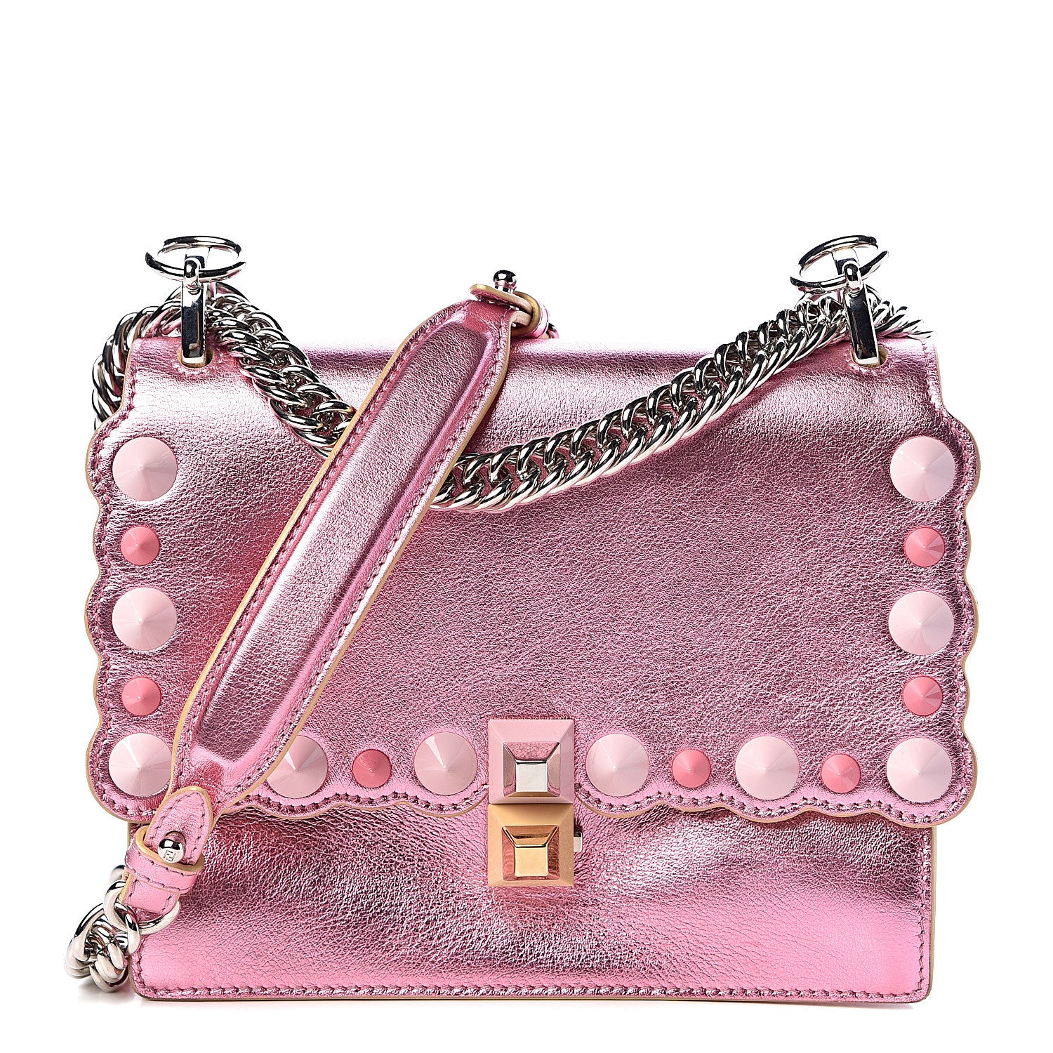 Fendi Vitello Catalan Mirror Scalloped Multi Studded Small Kan I Shoulder Bag Fuxia Chiaro 1 of 10