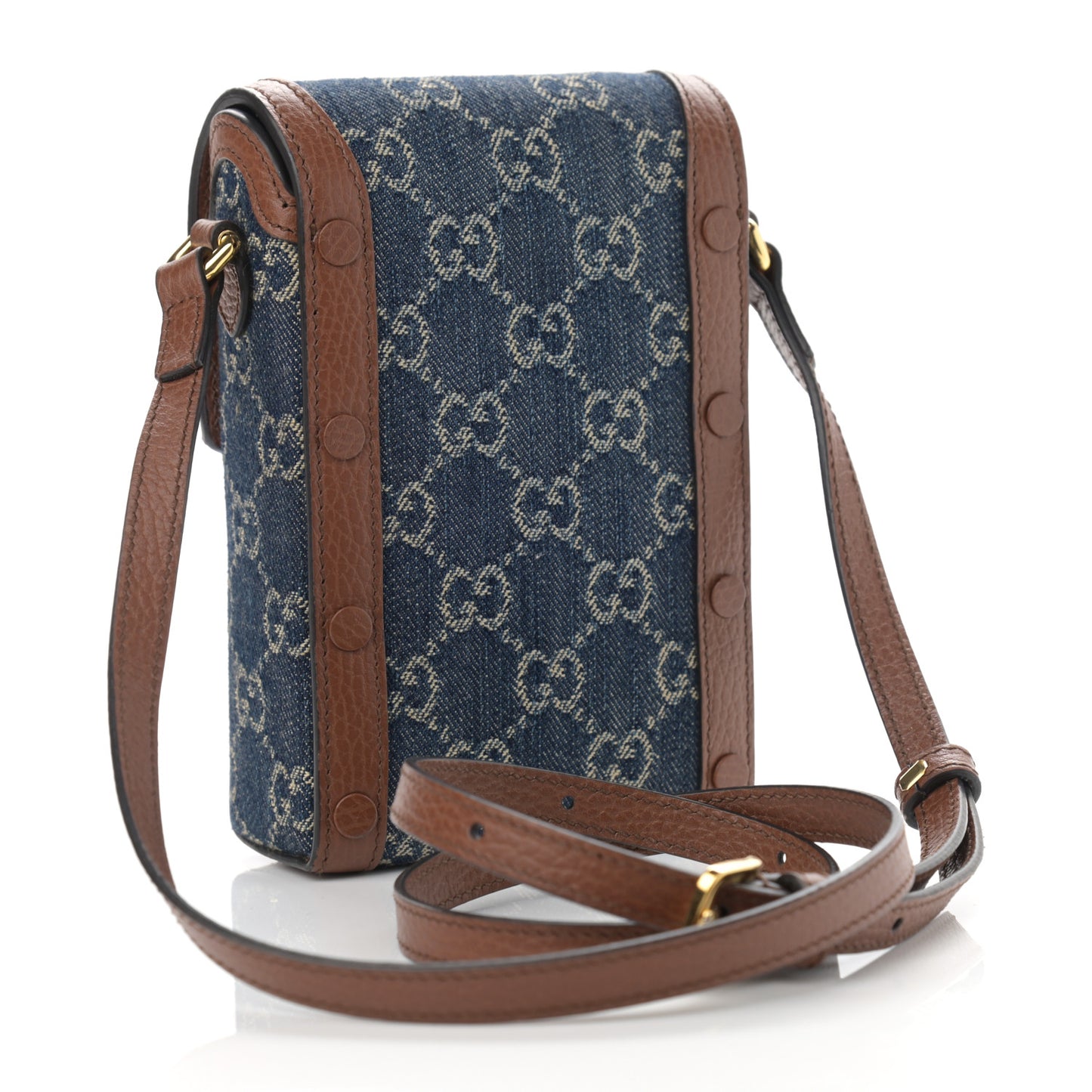 New Denim GG Monogram Dollar Calfskin Mini Horsebit 1955 Crossbody Bag Blue Tea Cuir Epilog