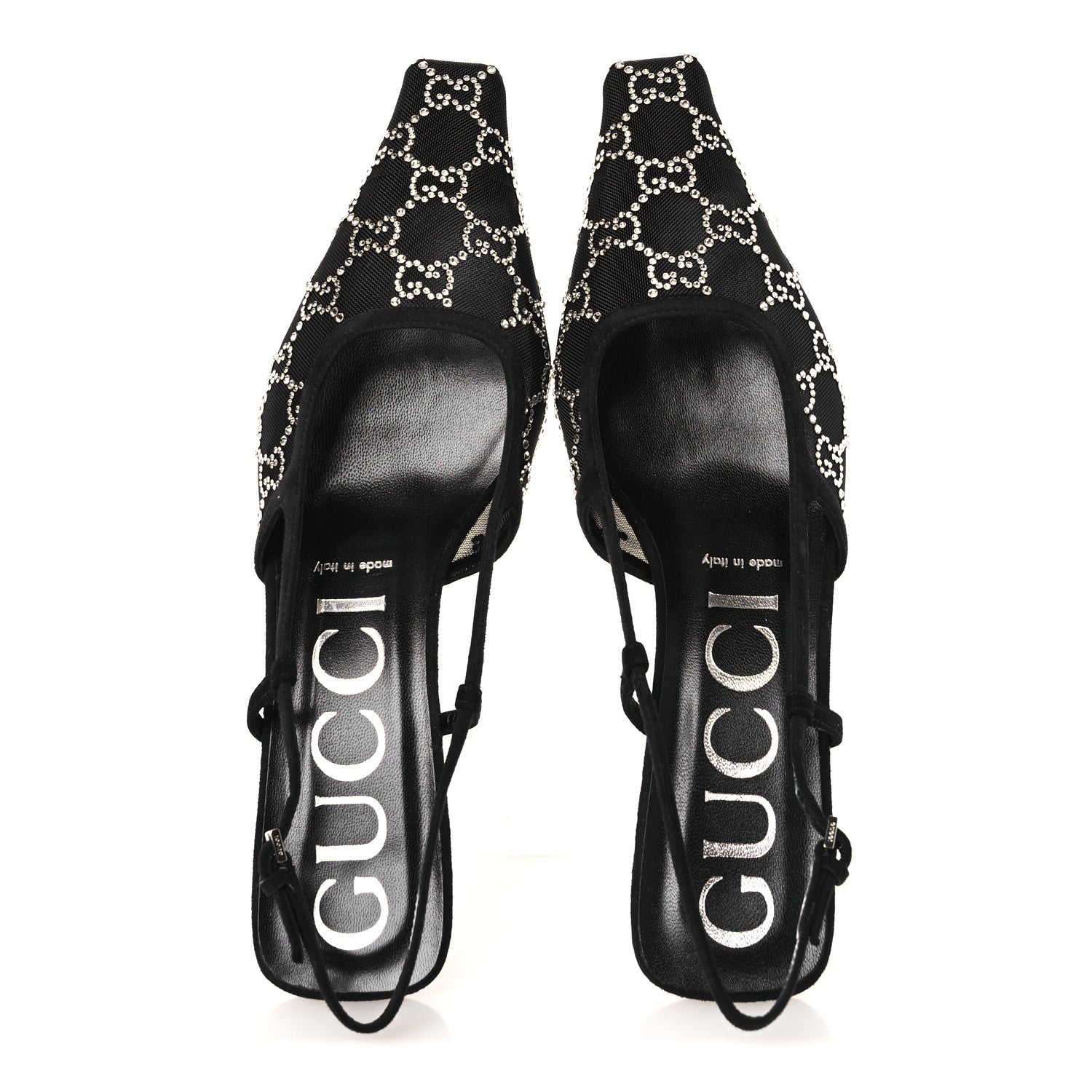 Gucci Tela Retino Kid Scamosciato Crystal GG Monogram Square G 35mm Slingback Pumps 38.5 Black 2 of 10