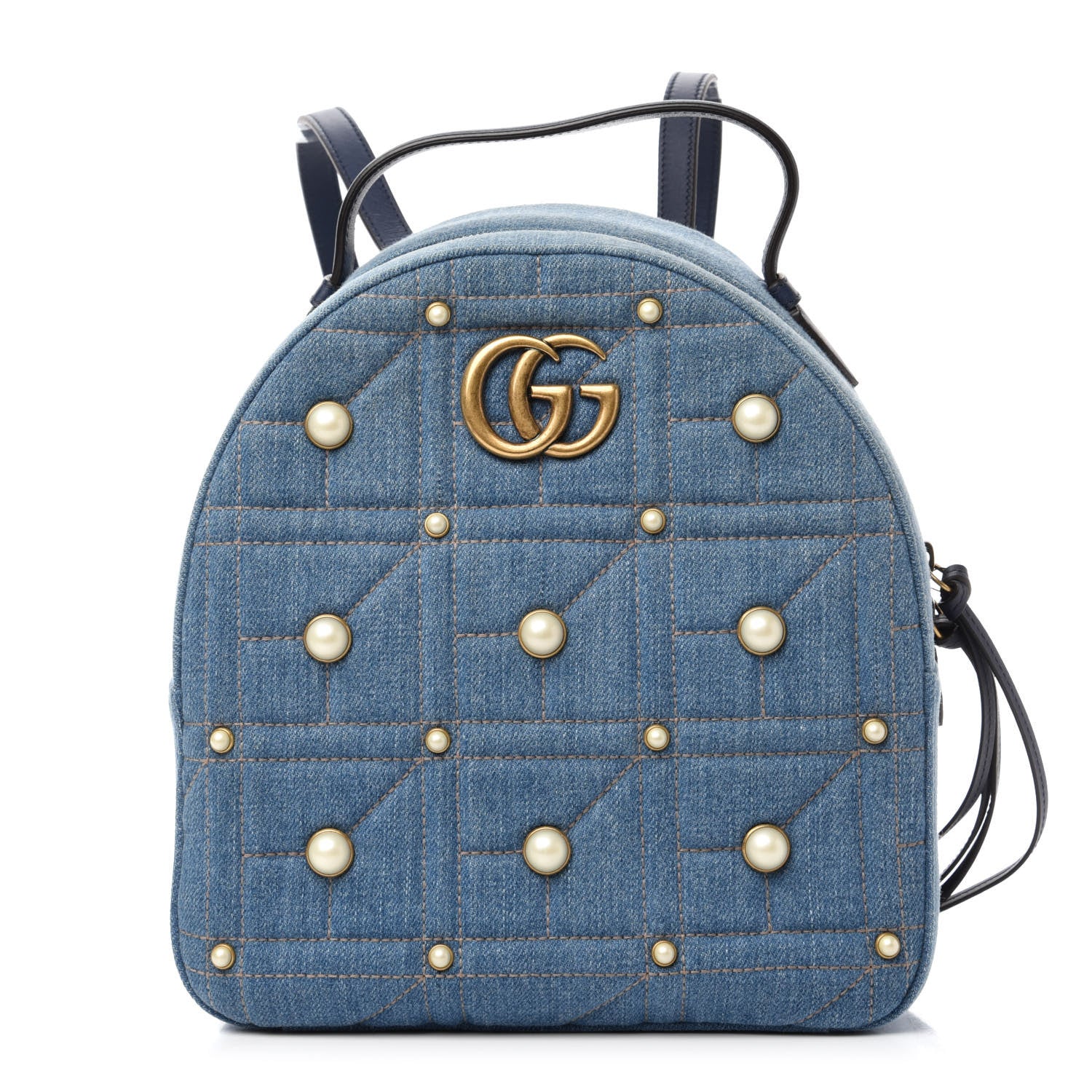 Gucci Kura Denim Matelasse Cubic Pearl Studded GG Marmont Dome Backpack Blue 1 of 9