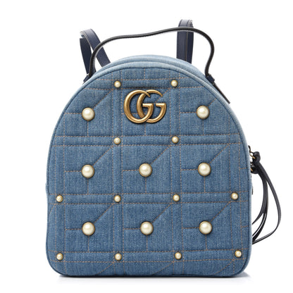 Gucci Kura Denim Matelasse Cubic Pearl Studded GG Marmont Dome Backpack Blue 1 of 9