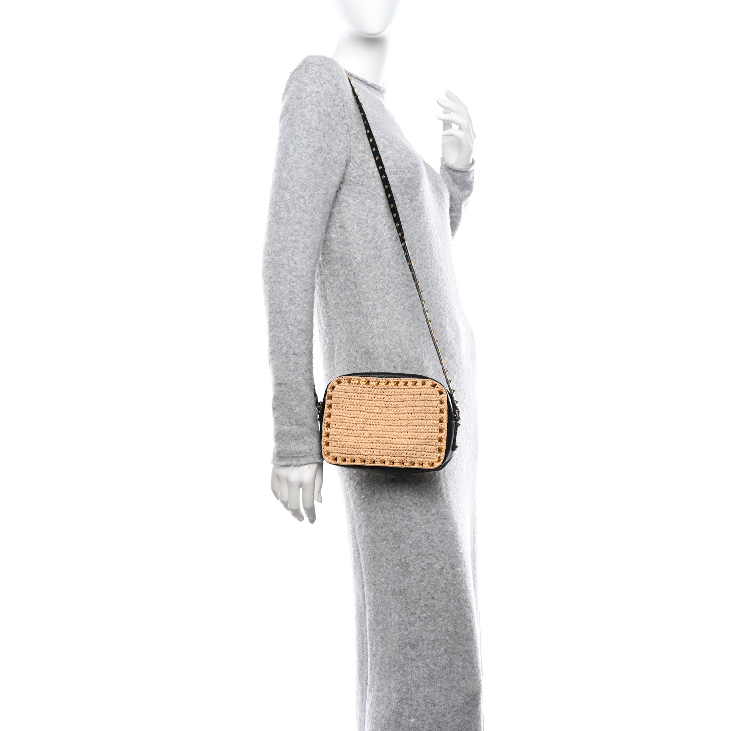 Valentino Garavani Straw Rockstud Camera Crossbody Bag Beige Black 2 of 9