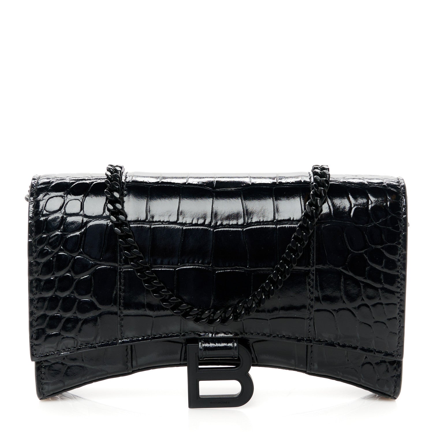 Balenciaga Shiny Calfskin Monochrome Crocodile Embossed Hourglass Chain Bag Black 1 of 11