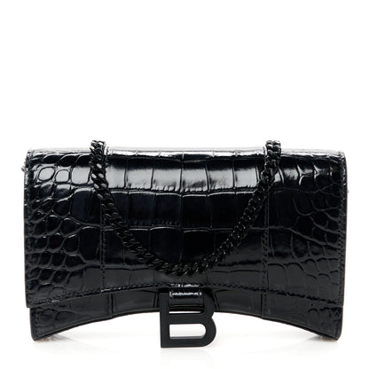 Balenciaga Shiny Calfskin Monochrome Crocodile Embossed Hourglass Chain Bag Black 1 of 11