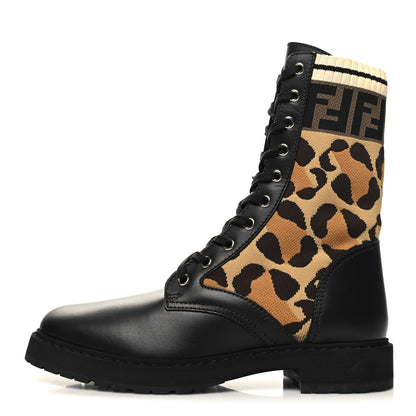 Fendi Calfskin Stretch Fabric FF Leopard Rockoko Biker Boots 39.5 Black 1 of 8
