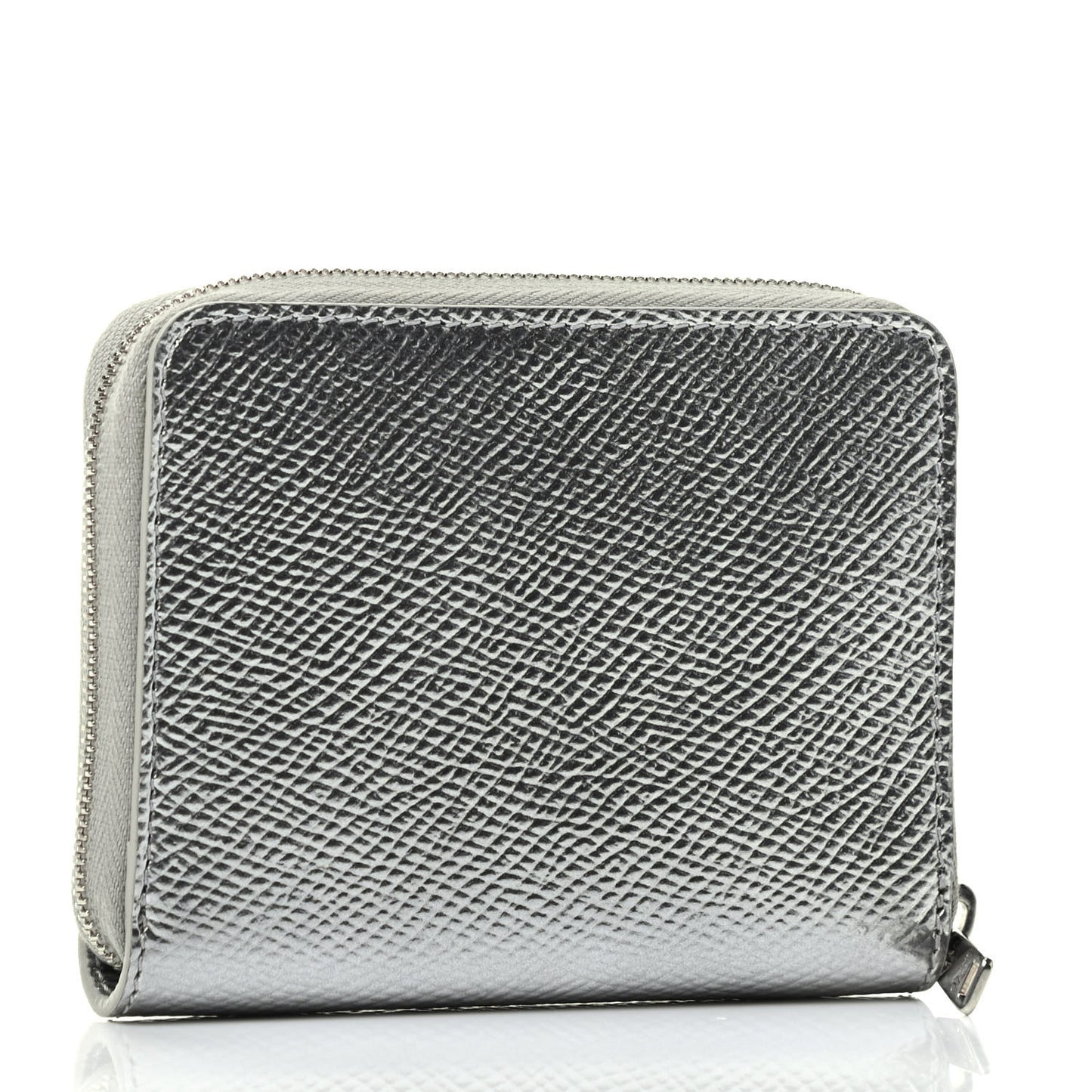 Laminated Grained Calfskin Compact Zipped Wallet Silver
