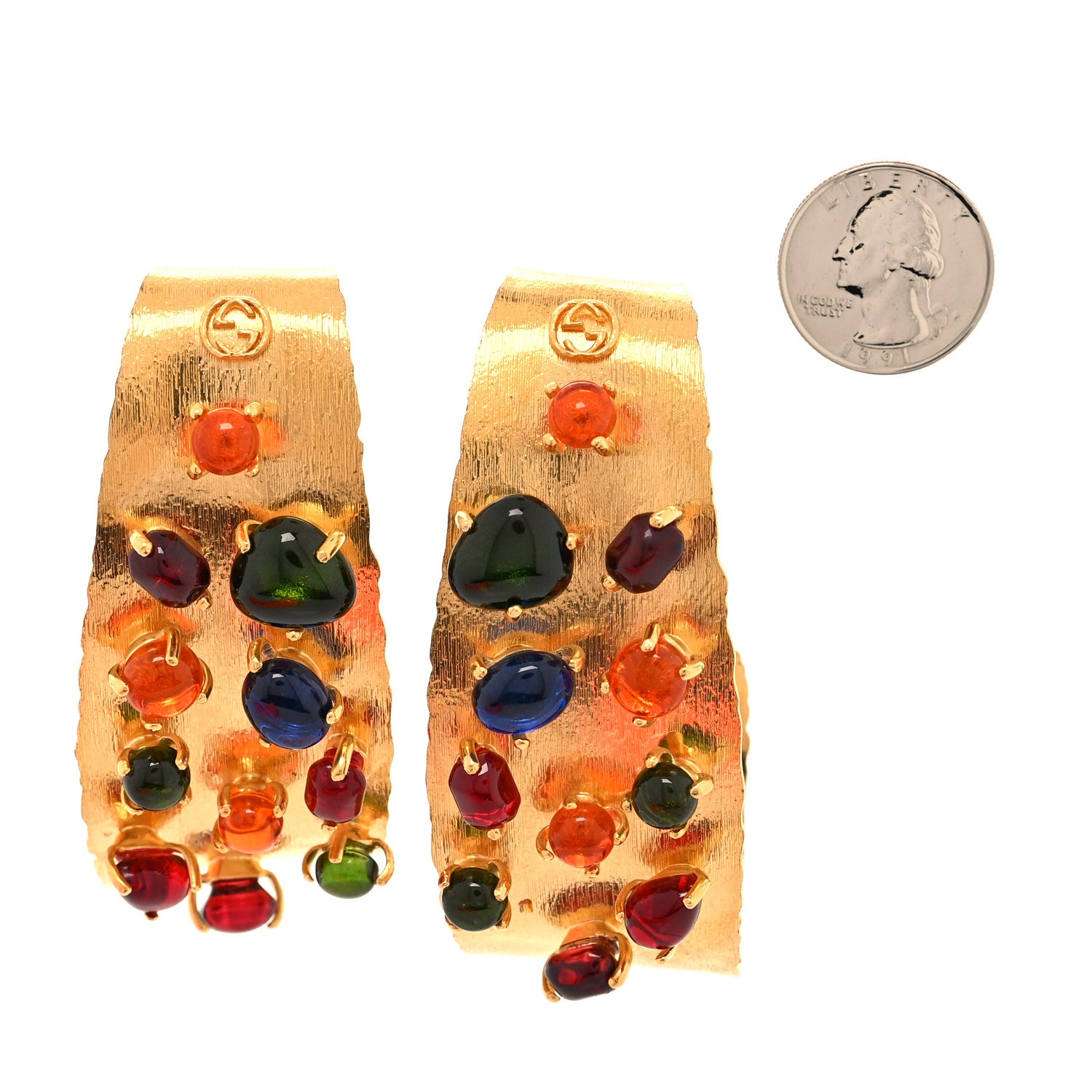 Gucci Metal Crystal Cabochon Clip On Earrings Aged Gold 2 of 5