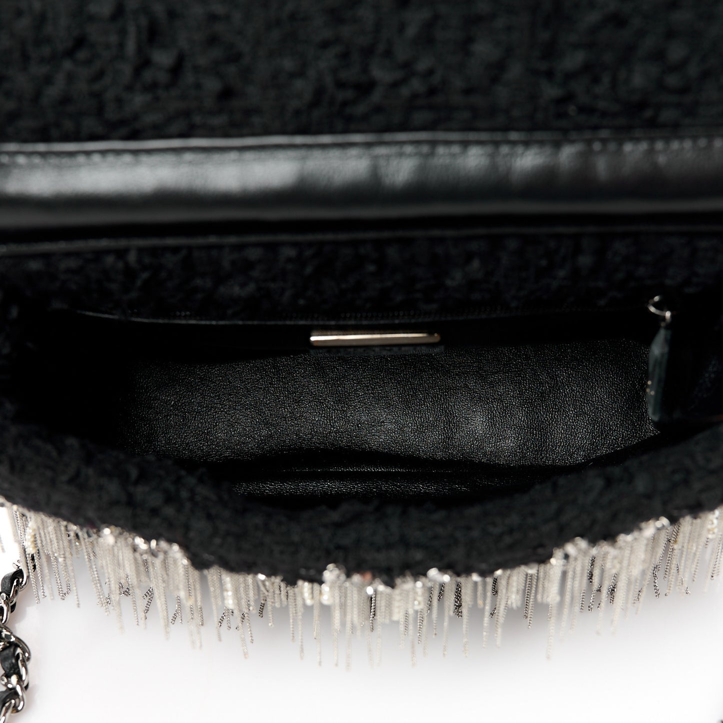 Tweed Quilted Pearl Fringe Quilted Mini Flap Bag Black Silver