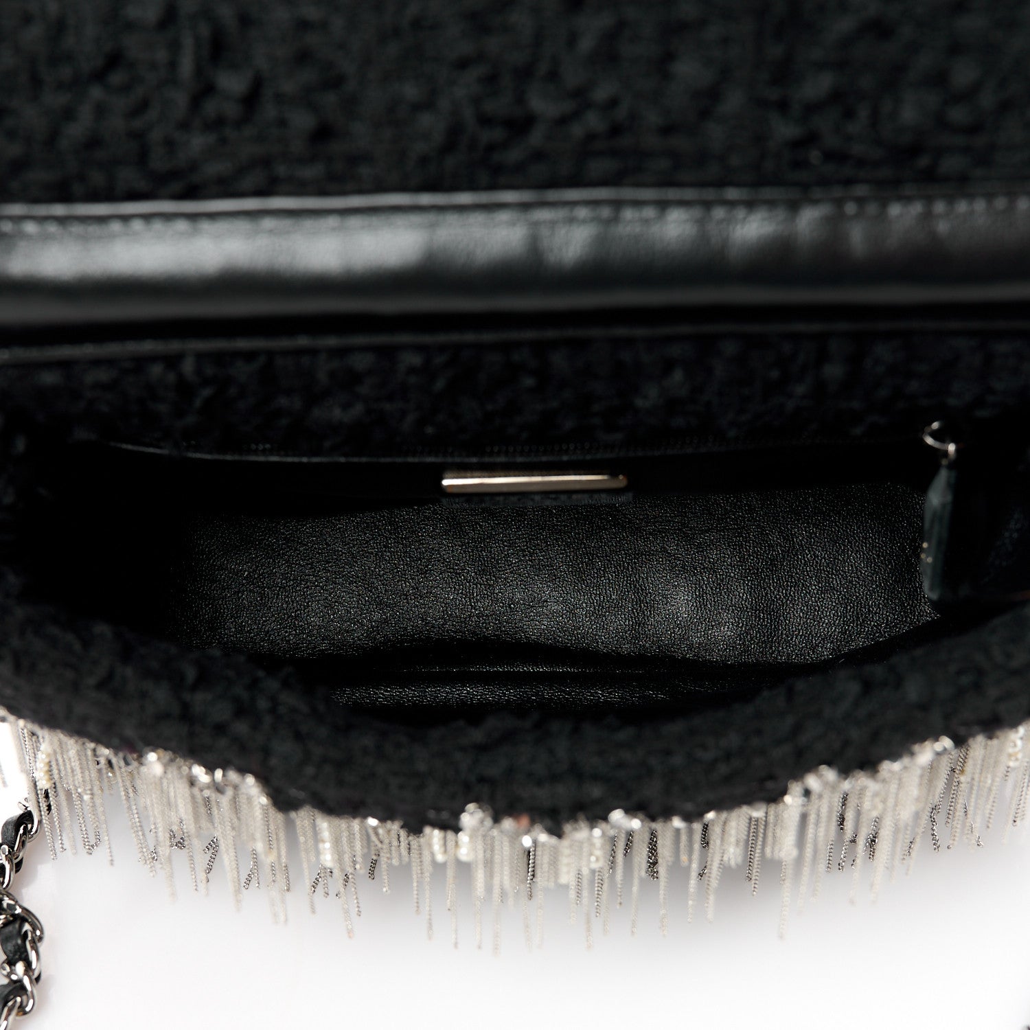 Chanel Tweed Quilted Pearl Fringe Quilted Mini Flap Bag Black Silver 5 of 11