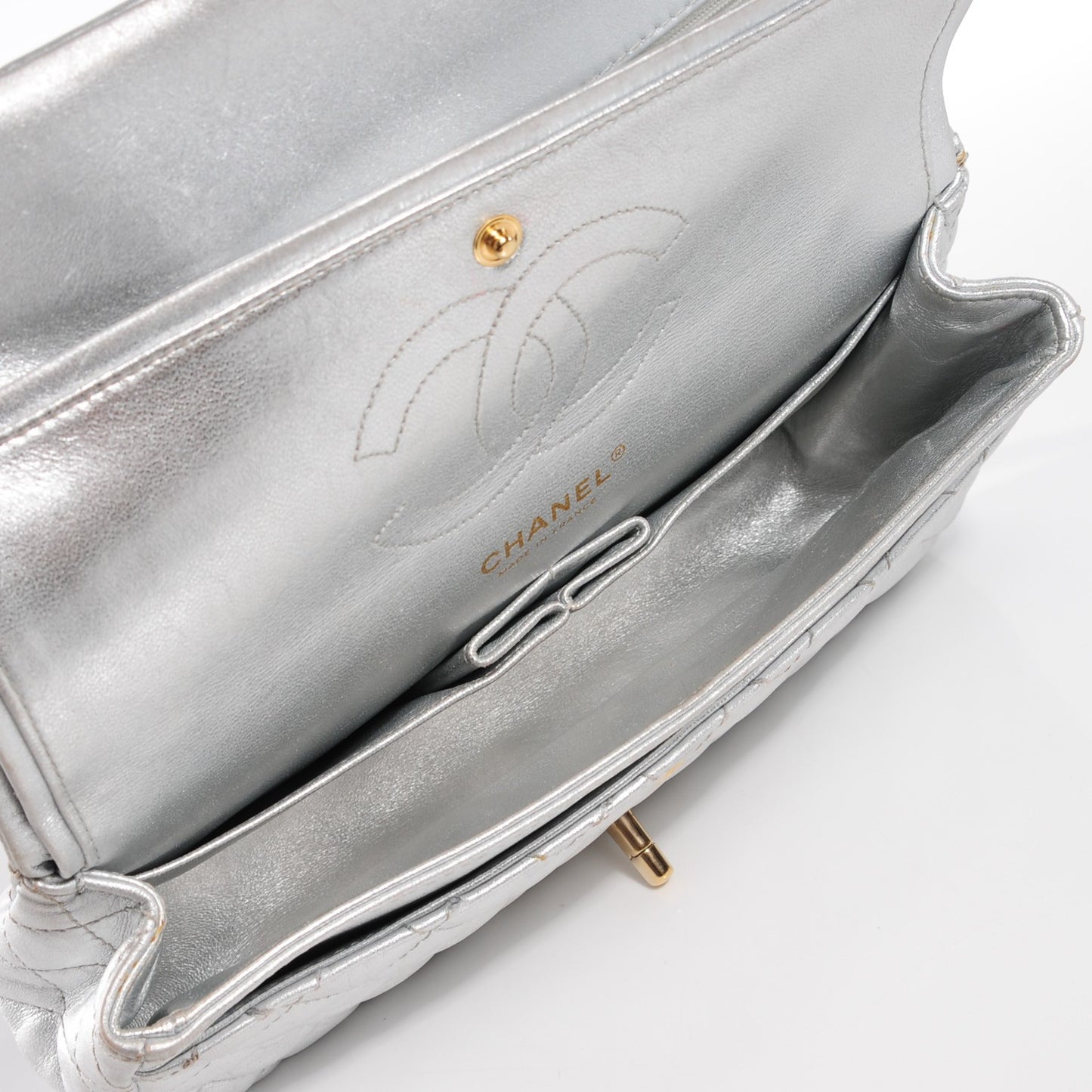 Lambskin Quilted Medium Double Flap Silver