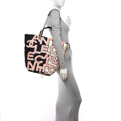 Chanel Nylon Stitched Printed Logo Shopping Bag Black White 2 of 10