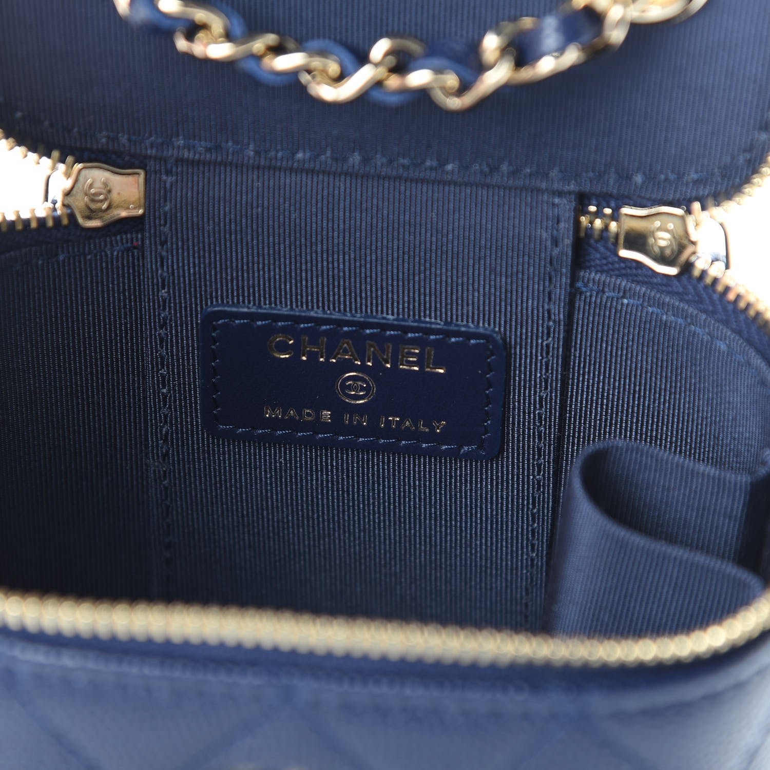 Chanel Caviar Quilted Mini Vanity Case With Chain Navy Blue 701643