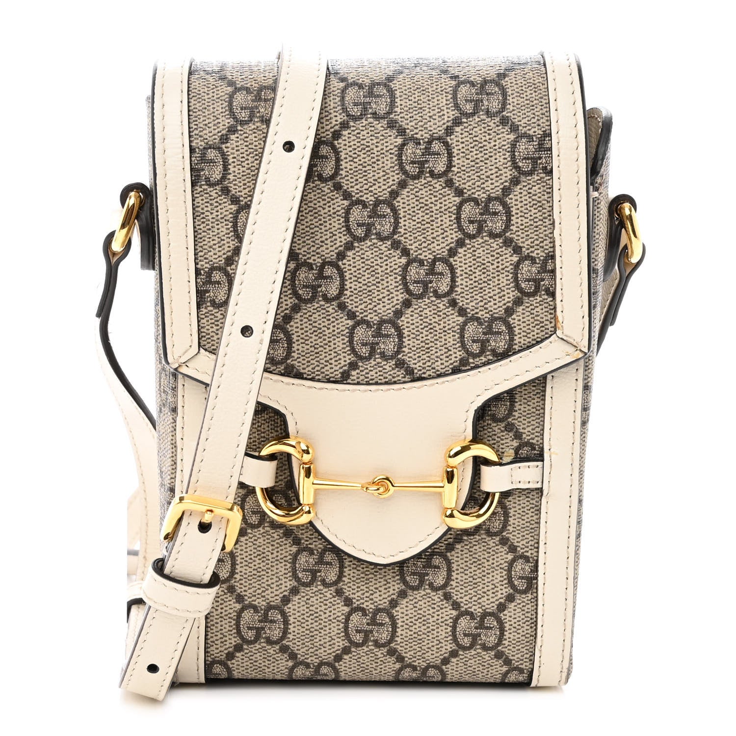 Gucci GG Supreme Monogram Azalea Calfskin Mini Horsebit 1955 Crossbody Bag Beige Ebony Mystic White 1 of 9