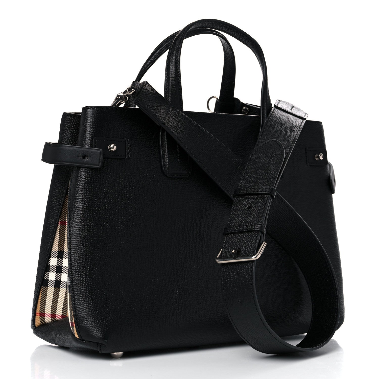 Burberry Grainy Calfskin Vintage Check Medium Banner Tote Black 3 of 13