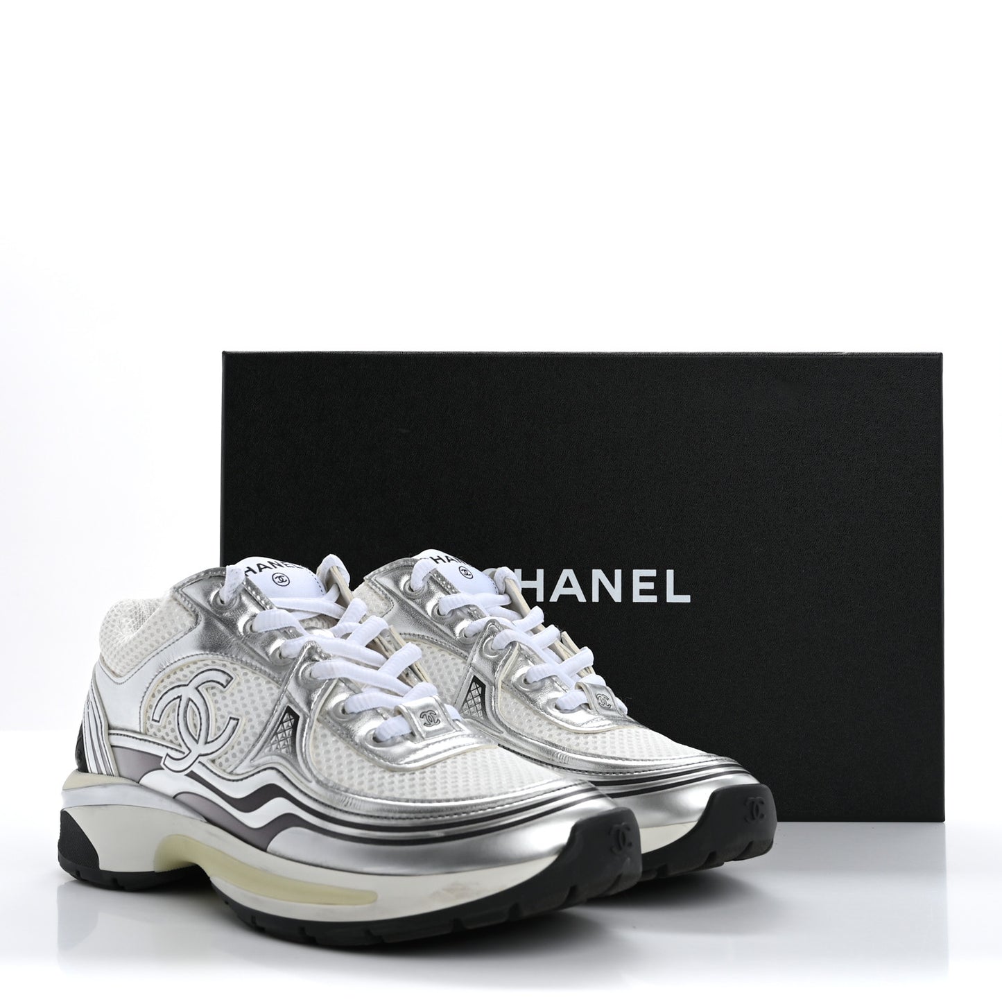 Fabric Laminated Calfskin Stretch CC Sneakers 37 White Silver