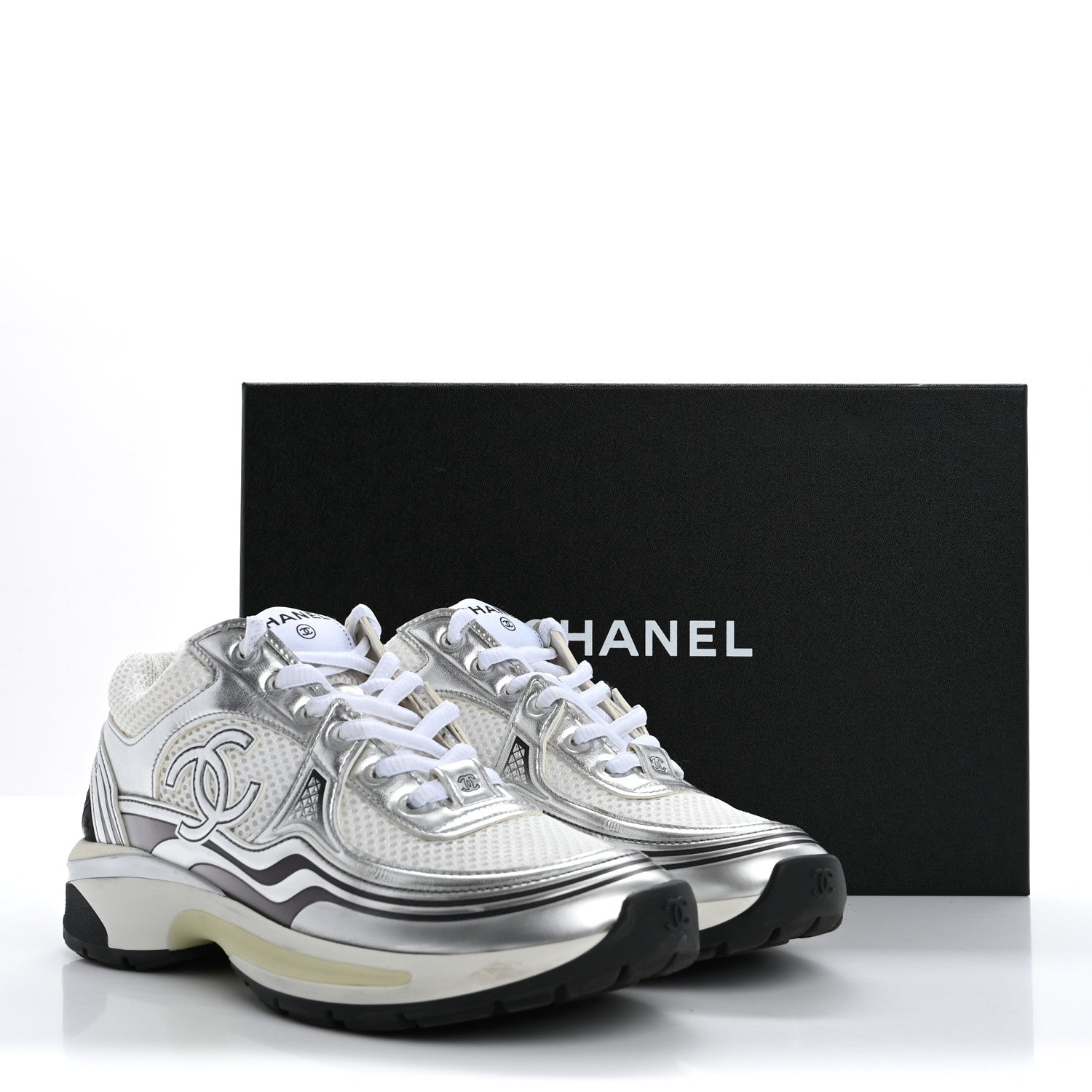 Chanel Fabric Laminated Calfskin Stretch CC Sneakers 37 White Silver 17 of 17