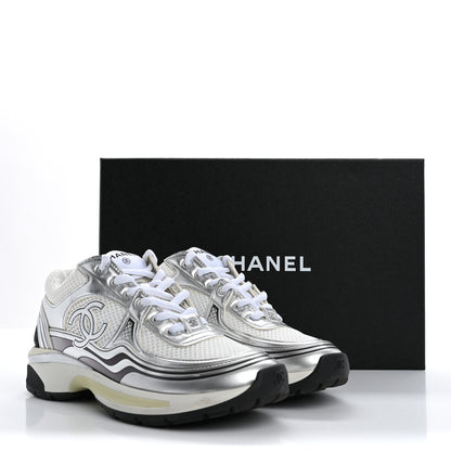 Chanel Fabric Laminated Calfskin Stretch CC Sneakers 37 White Silver 17 of 17