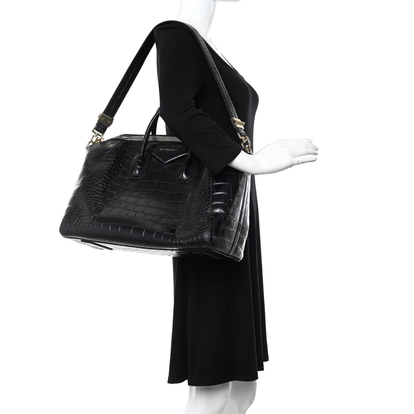 Calfskin Crocodile Embossed Large Antigona Black