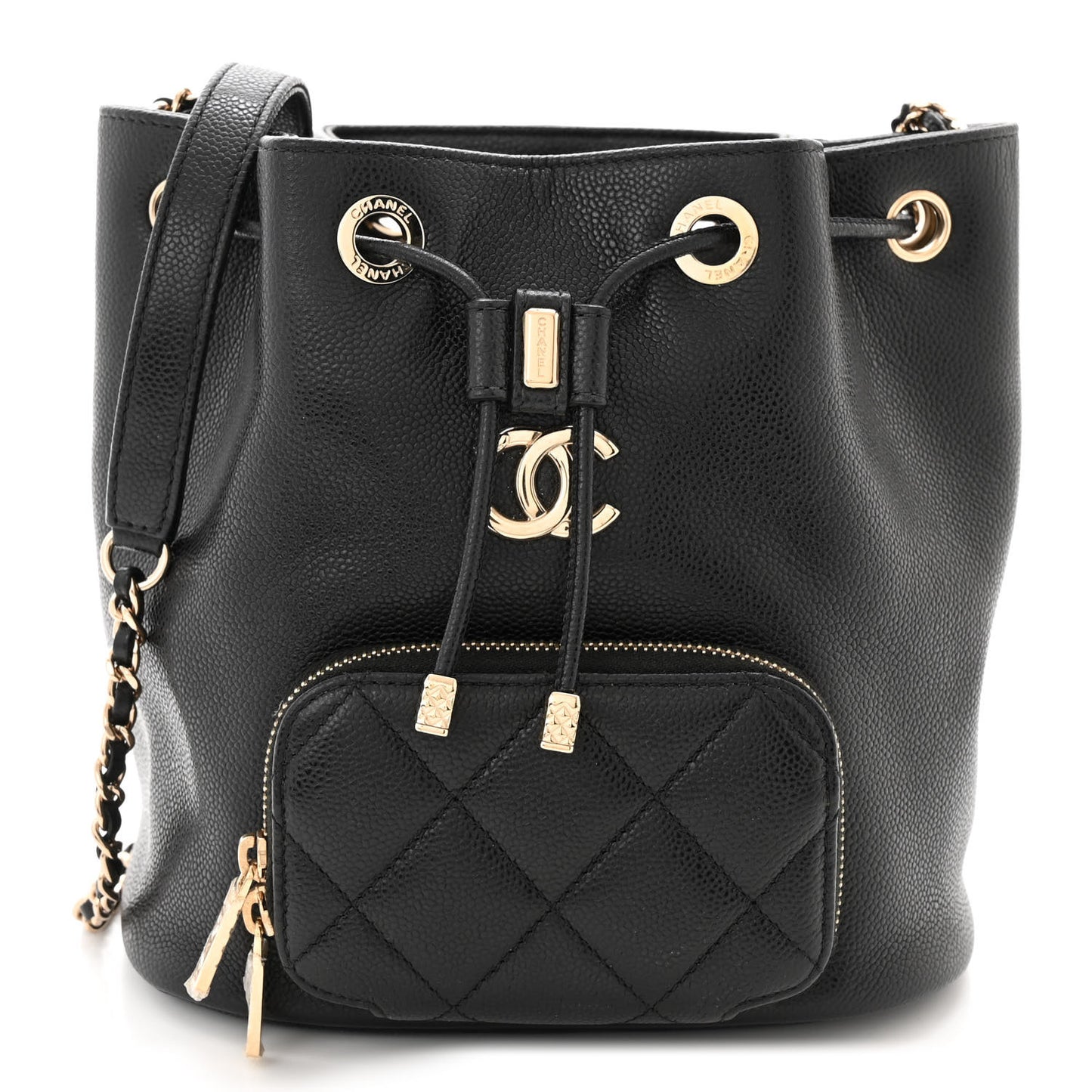 Caviar Quilted CC Pocket Bucket Bag Black