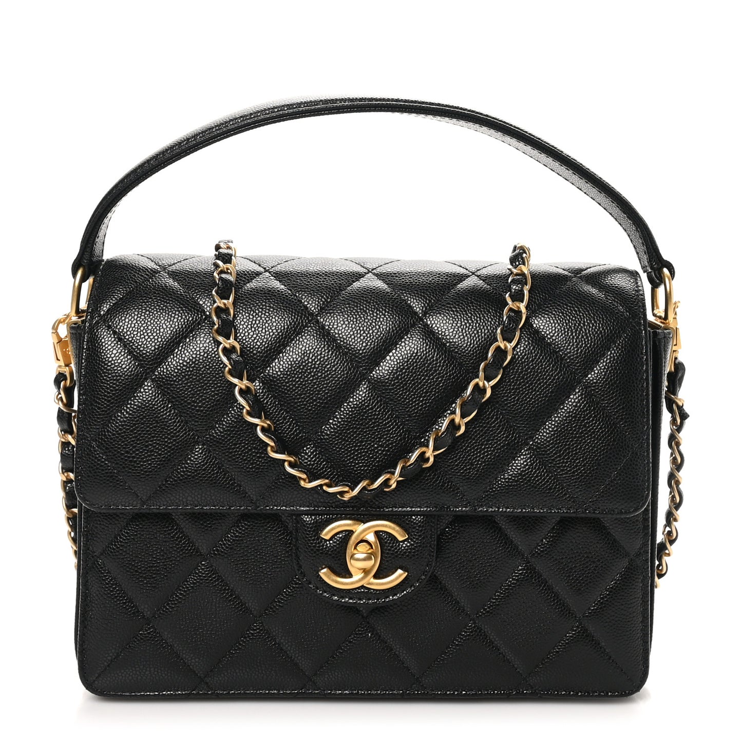 Shiny Caviar Quilted Small Top Handle Flap  Black
