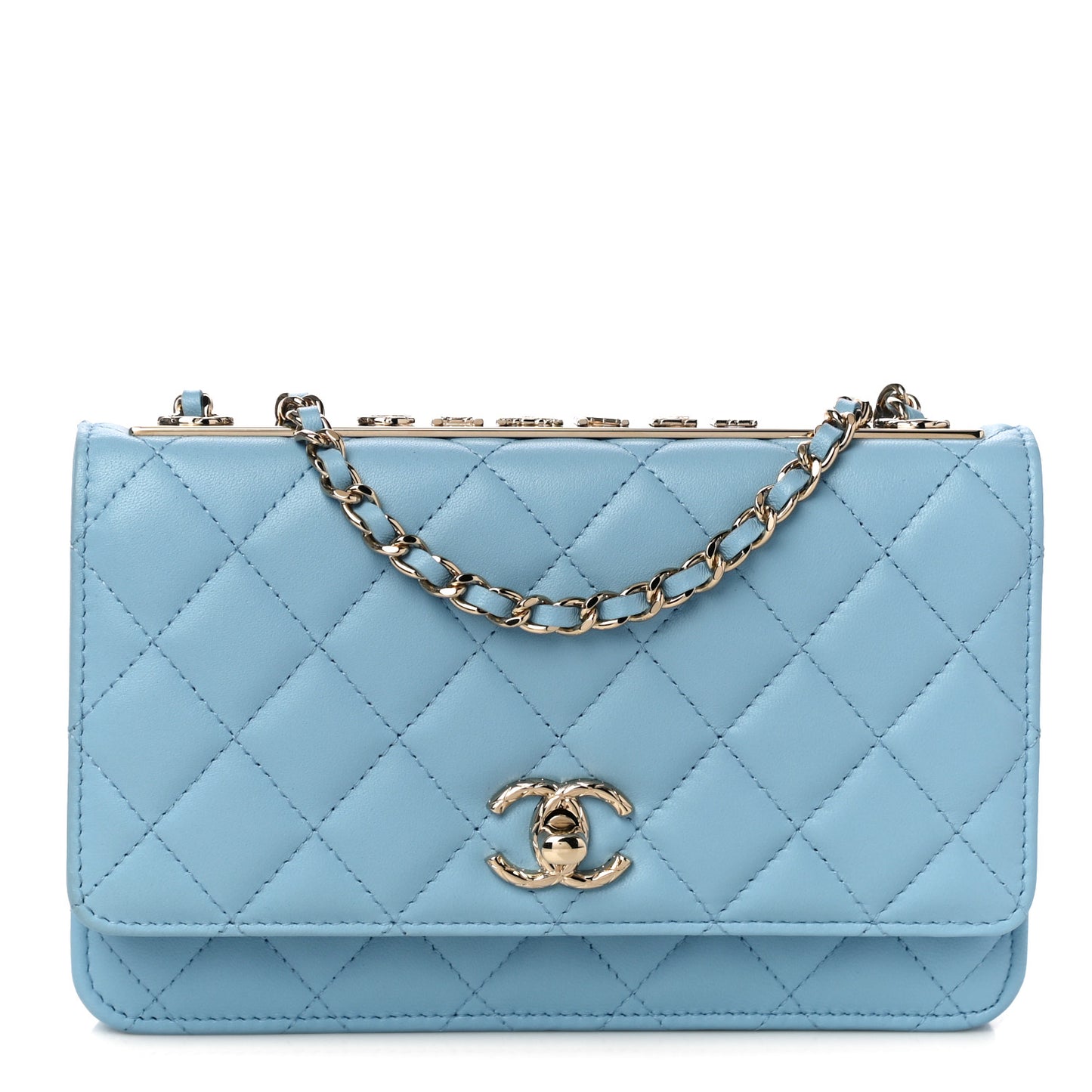 Lambskin Quilted Trendy CC Wallet On Chain WOC Light Blue