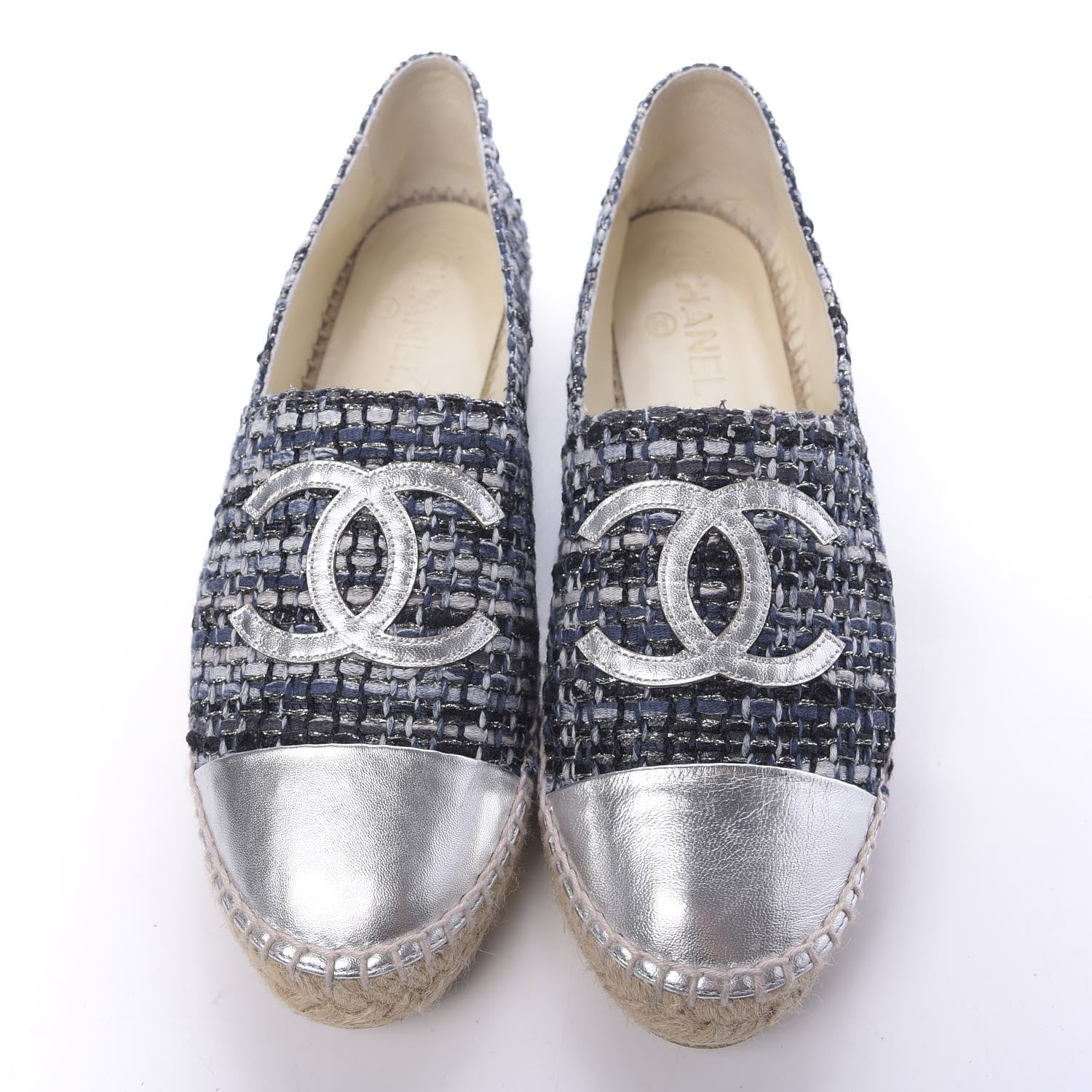 Chanel Metallic Tweed Lambskin CC Espadrilles 40 Blue Black Silver 5 of 11