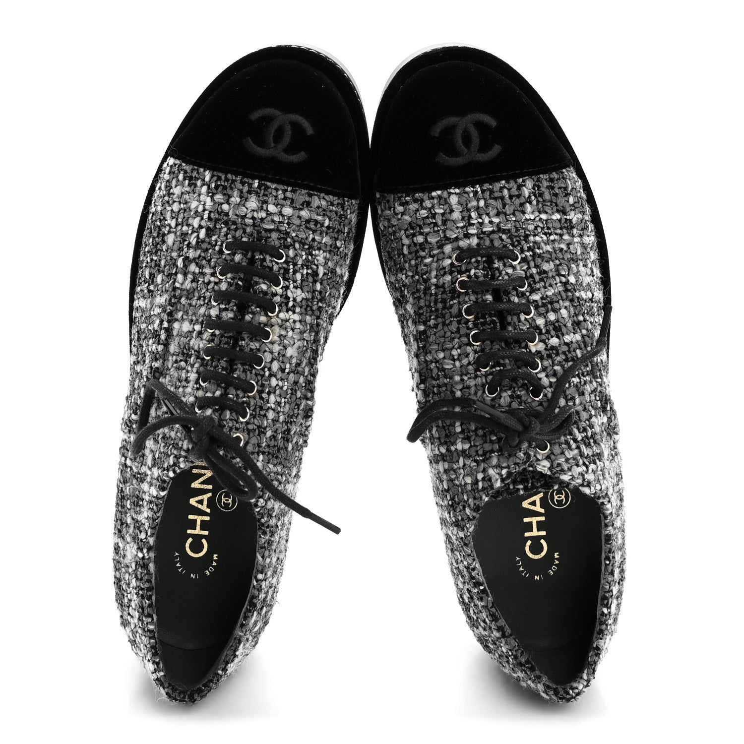Chanel Tweed Suede CC Lace Up Oxfords 38.5 Grey Black 1809348