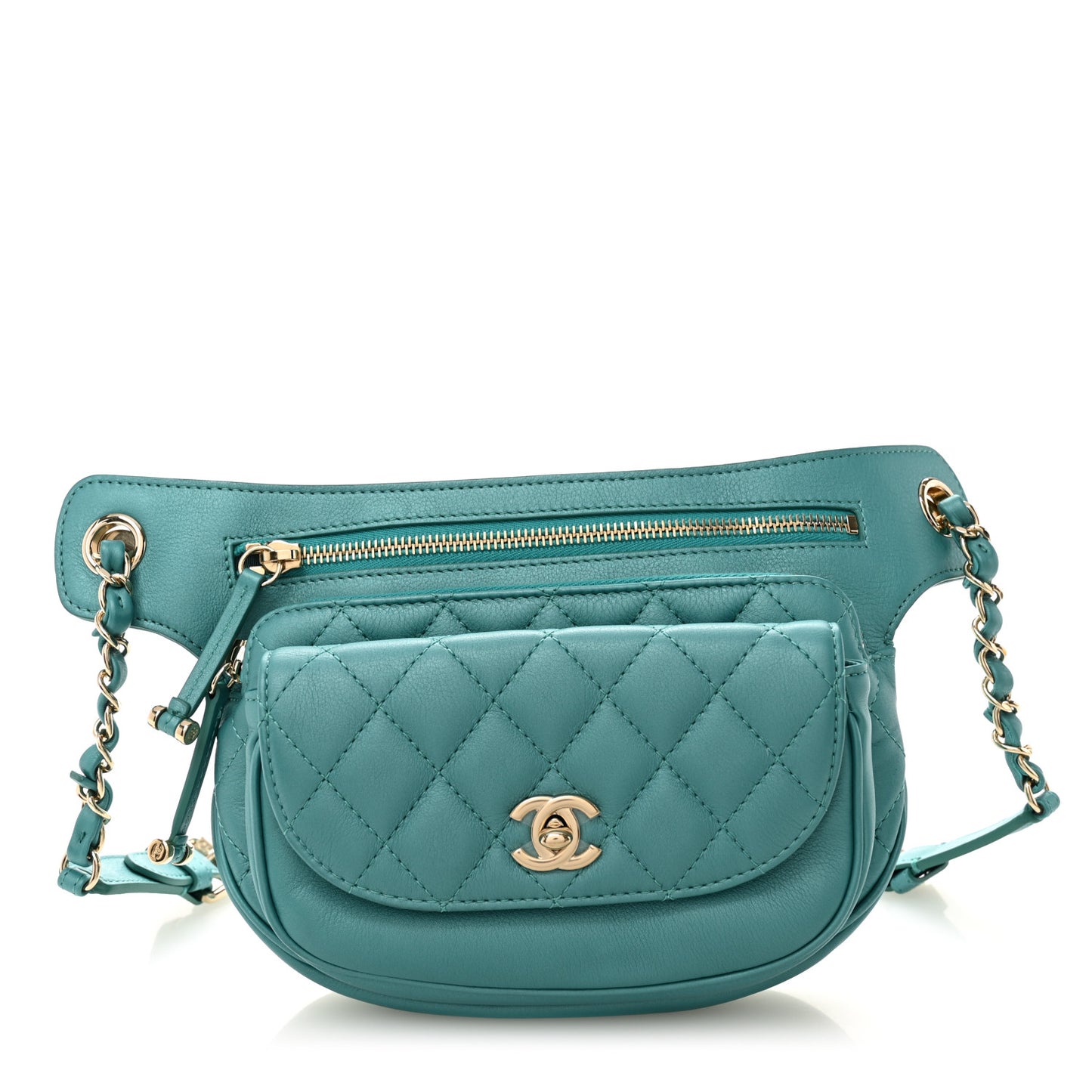 Metallic Calfskin Flap Chain Waist Bag Turquoise
