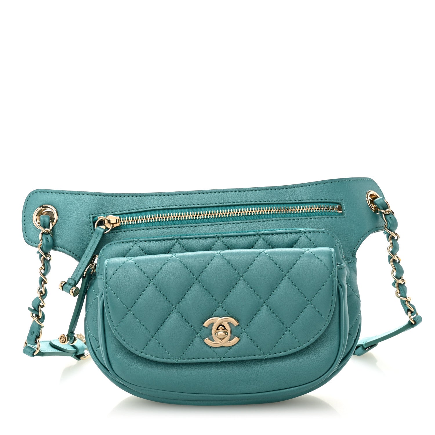 Chanel Metallic Calfskin Flap Chain Waist Bag Turquoise 1 of 11