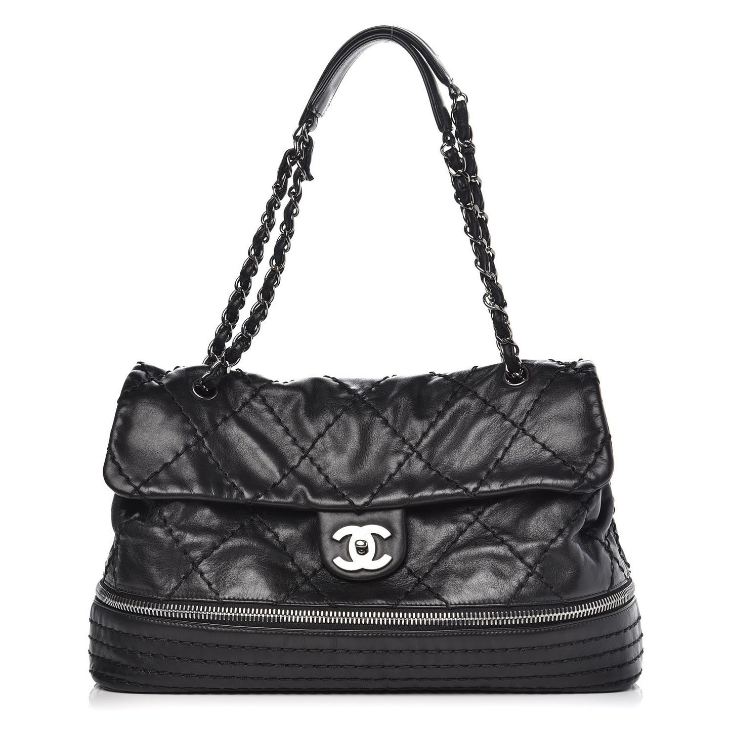 Calfskin Stitched Large Expandable Flap Bag Black