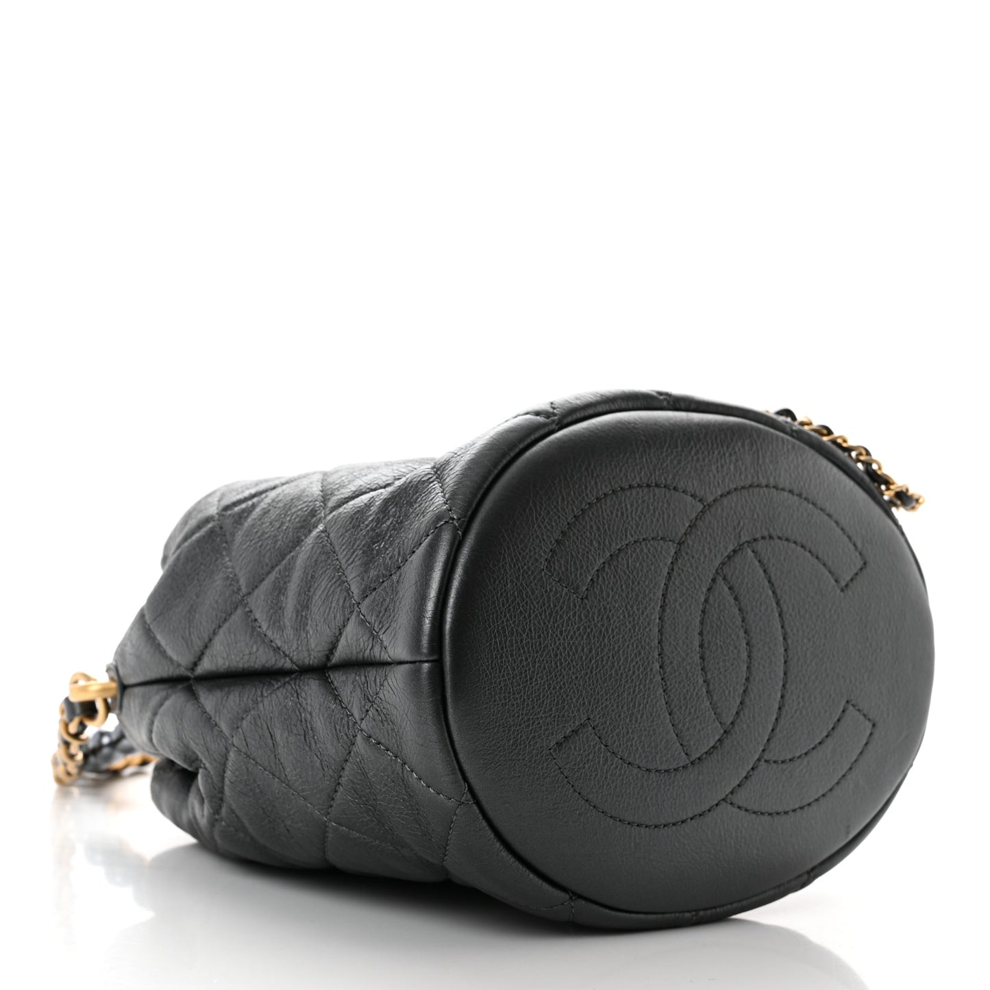 Metallic Lambskin Quilted Pearl Crown Drawstring Bag Anthracite