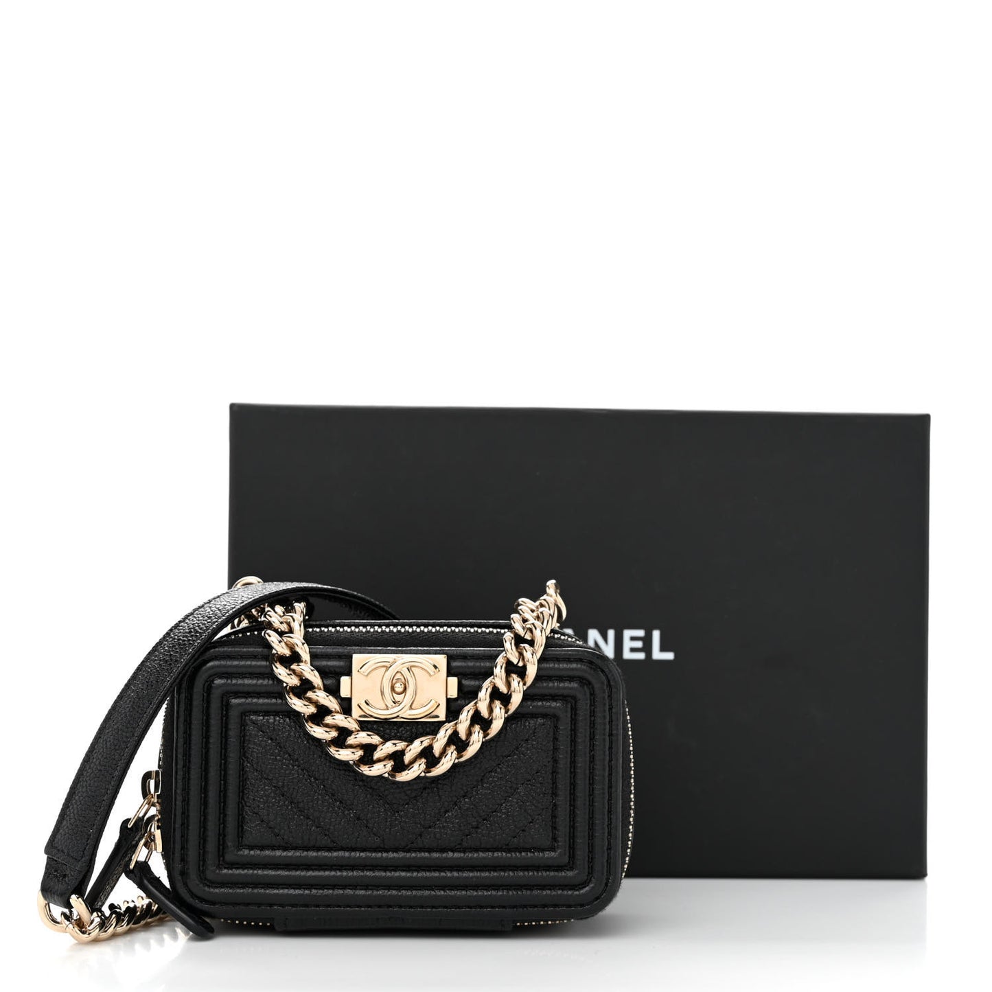 Caviar Chevron Quilted Mini Boy Clutch With Chain Black