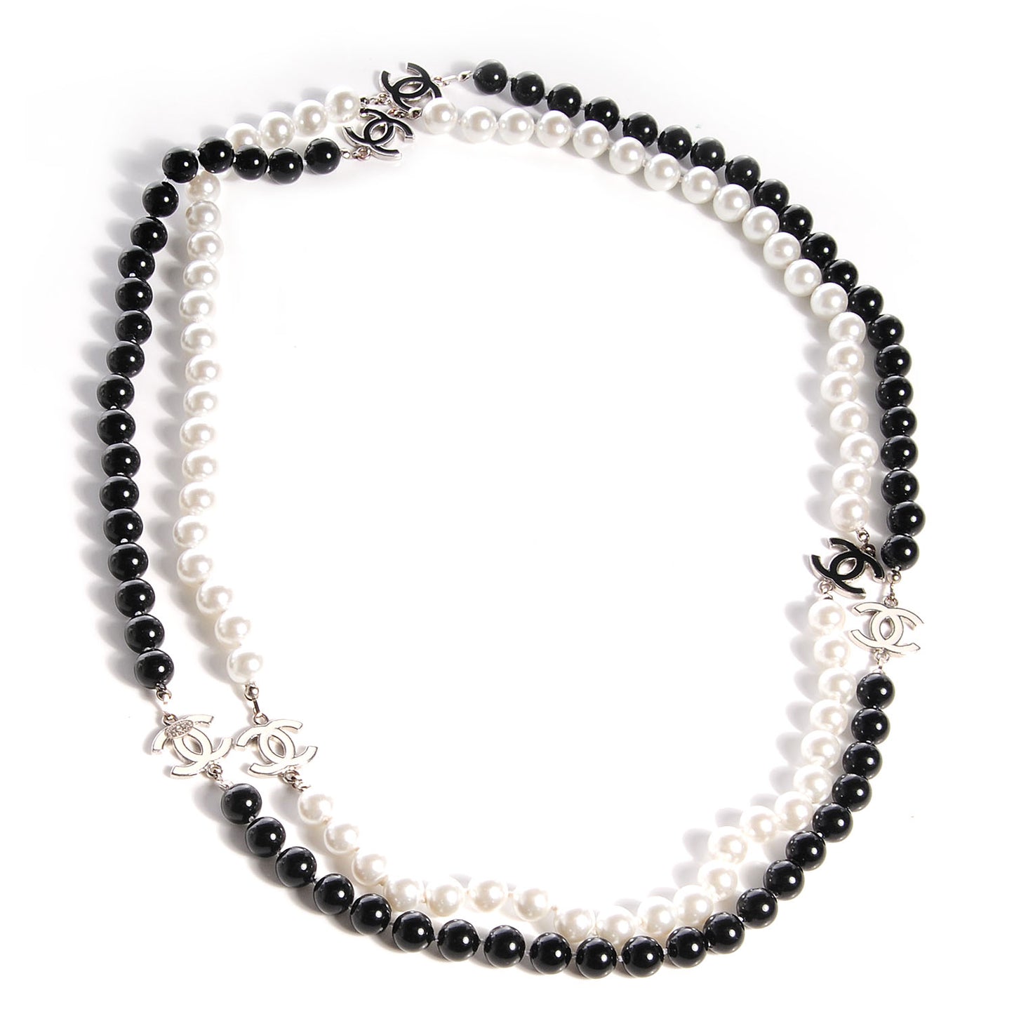 Pearl CC Beaded Long Necklace Black White
